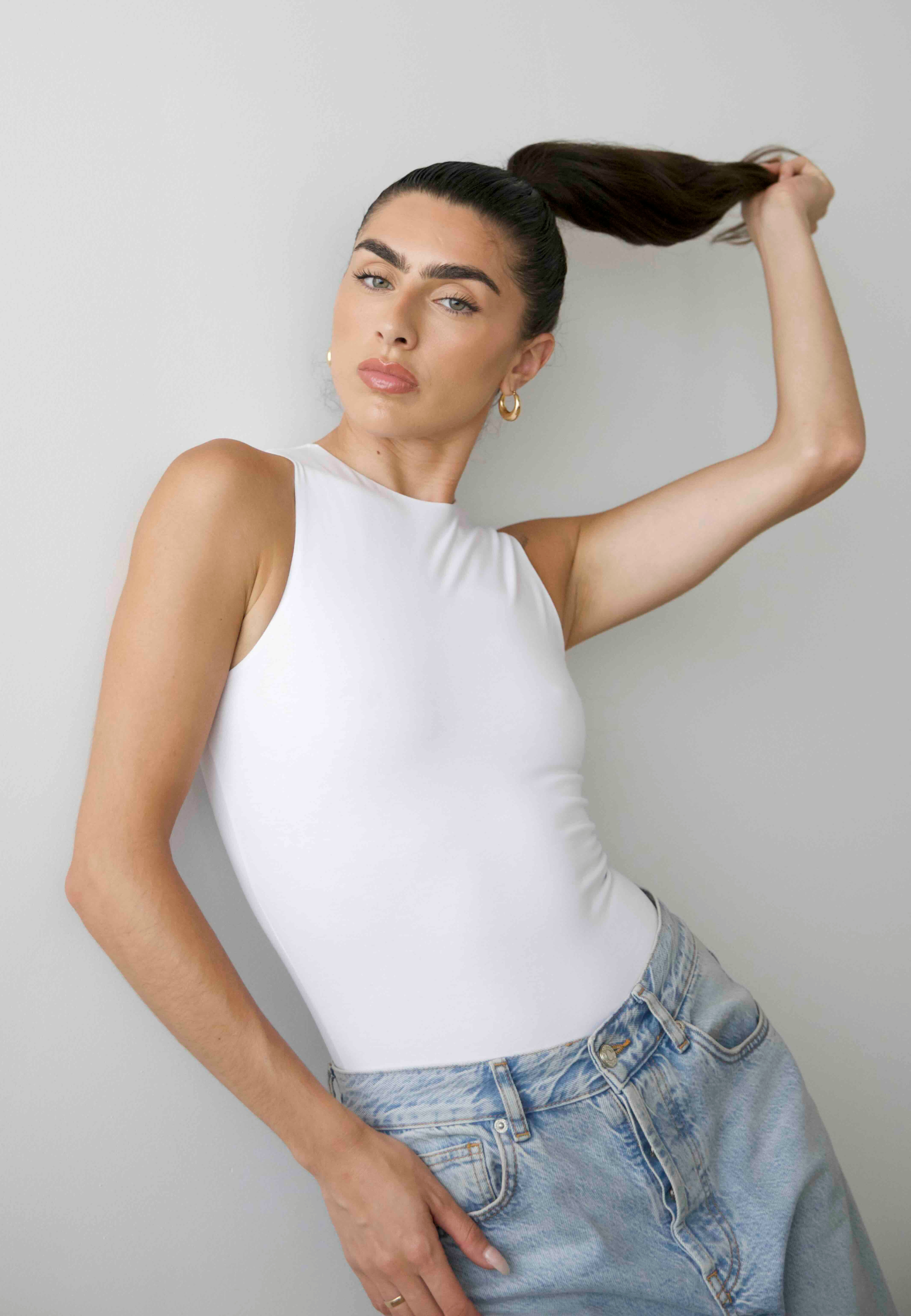 High Neck sleeveless bodysuit, White, Front