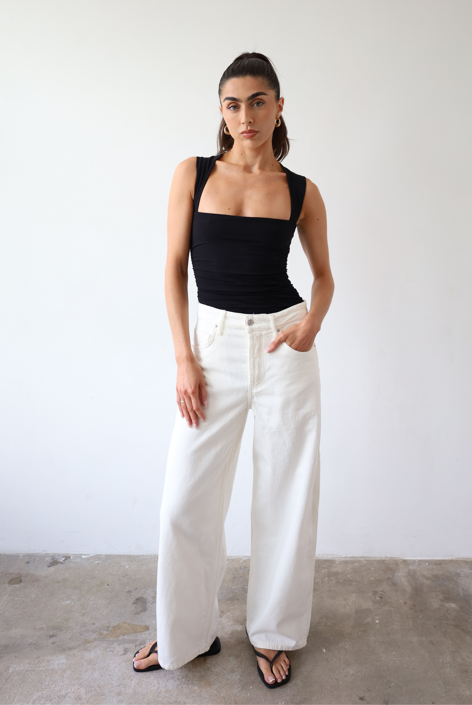 Organic Cotton Ruched Top, Black, Front