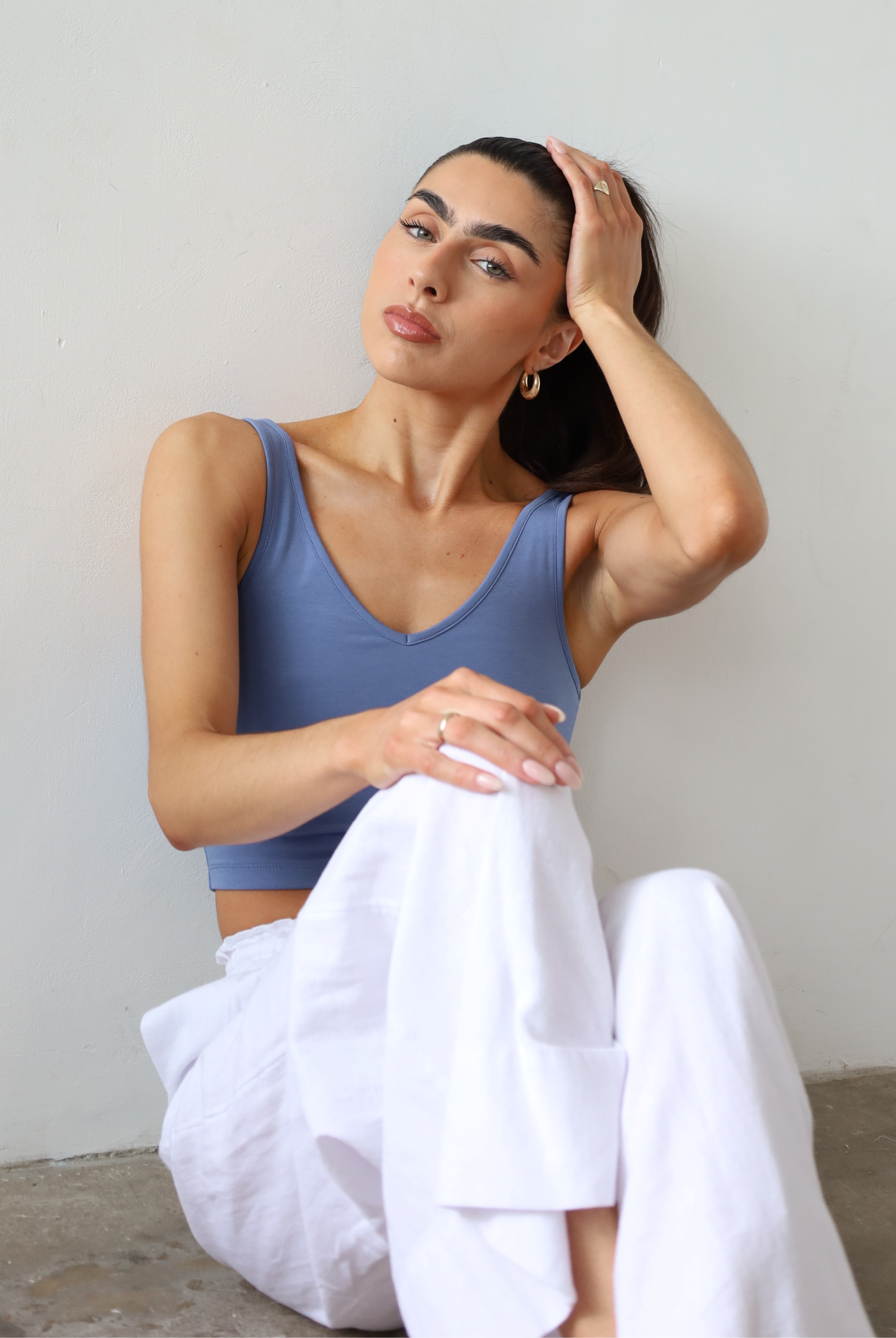 Organic Cotton V-neck Cropped tank top, Light Blue, Front