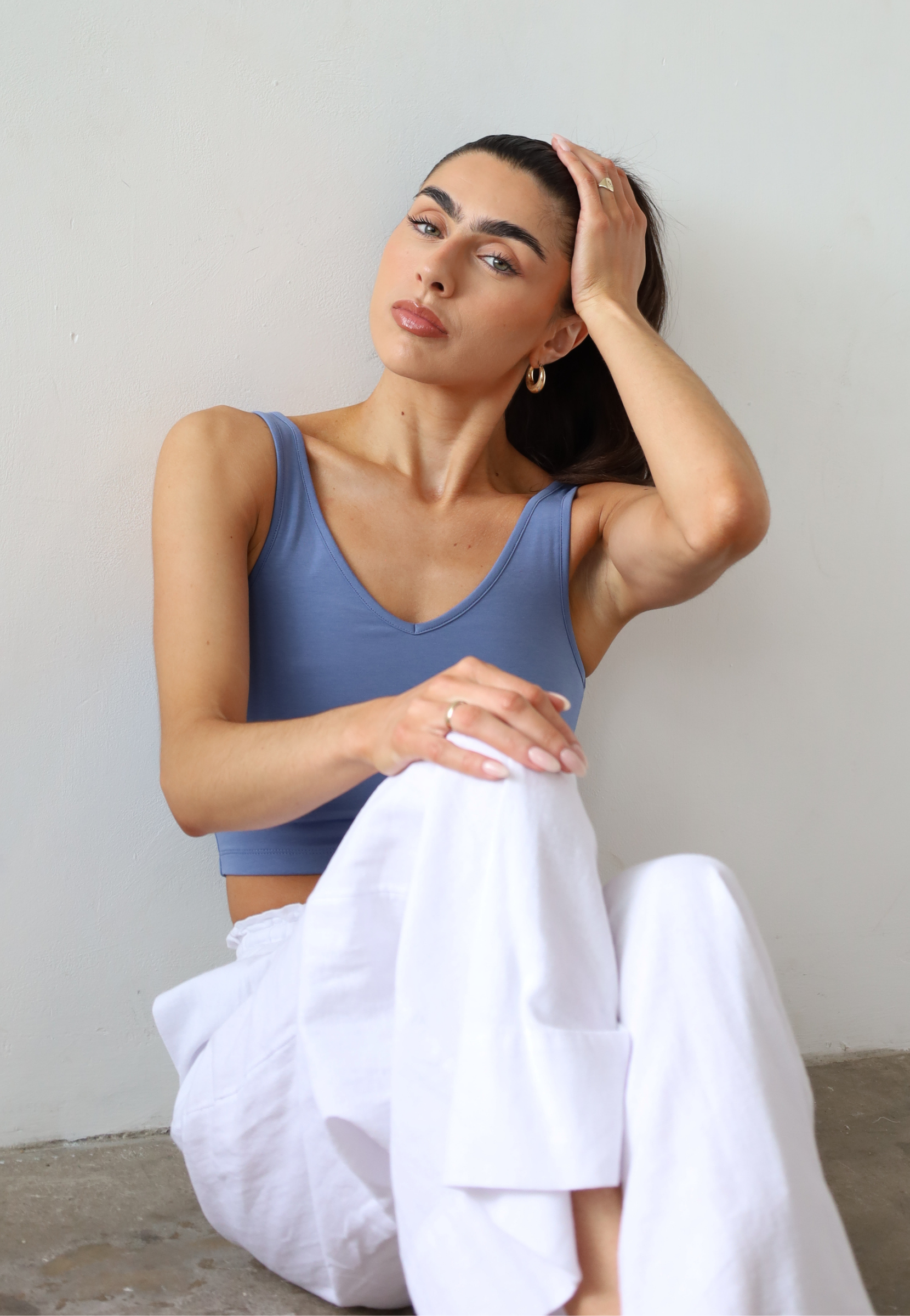 Organic Cotton V-neck Cropped tank top, Light Blue, Front
