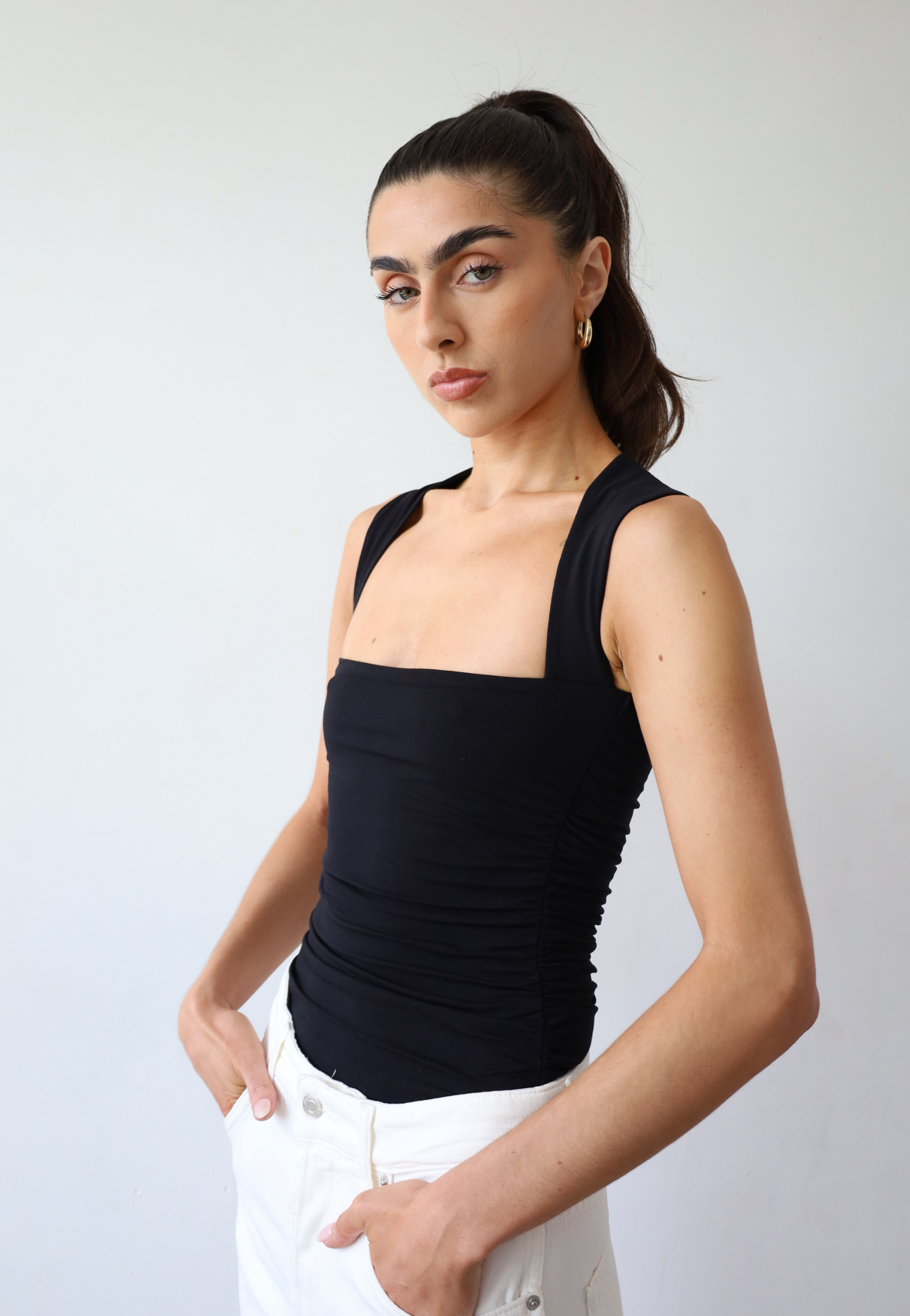 Organic Cotton Ruched Top, Black, Front
