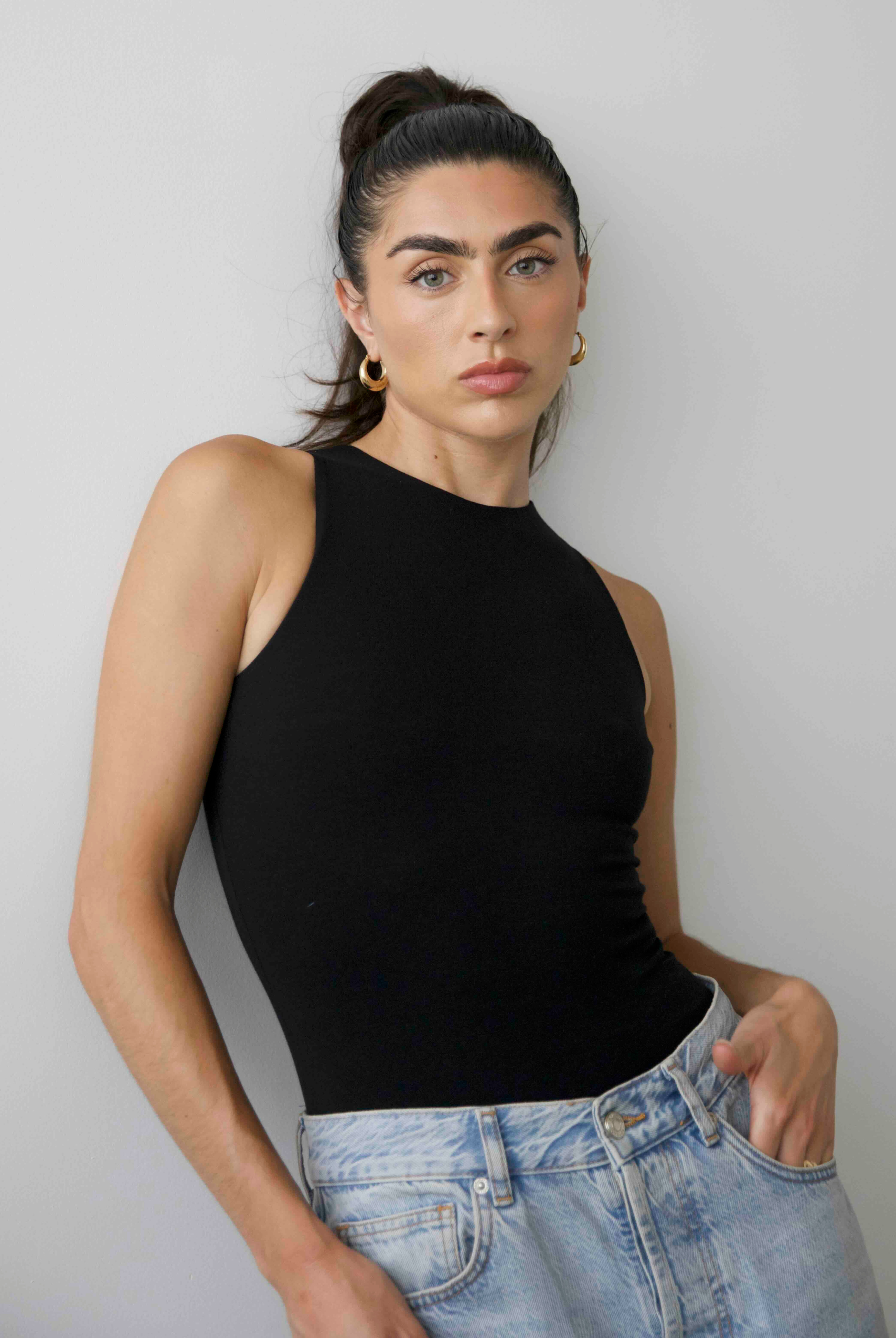 High Neck sleeveless bodysuit, Black, Front