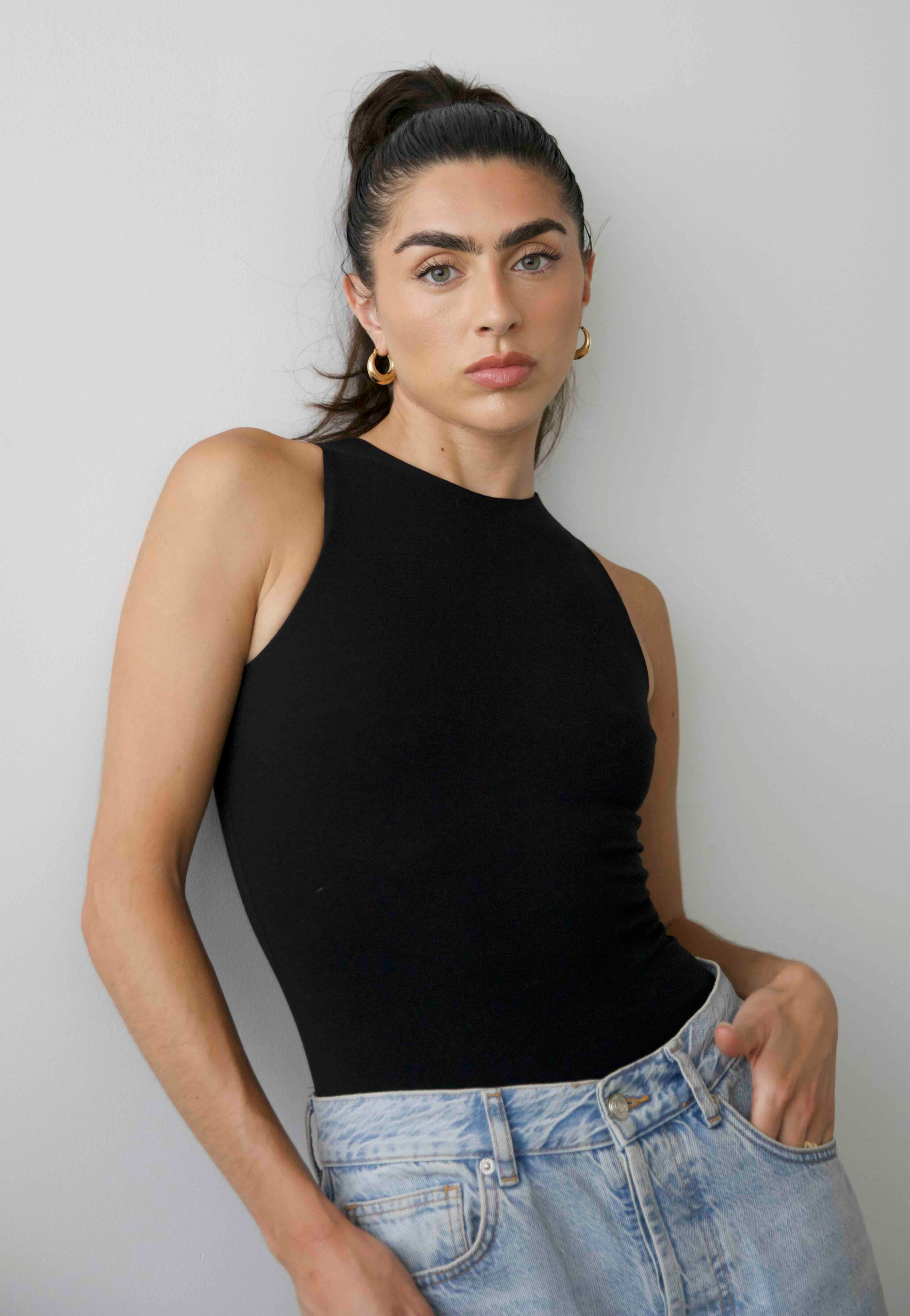 High Neck sleeveless bodysuit, Black, Front