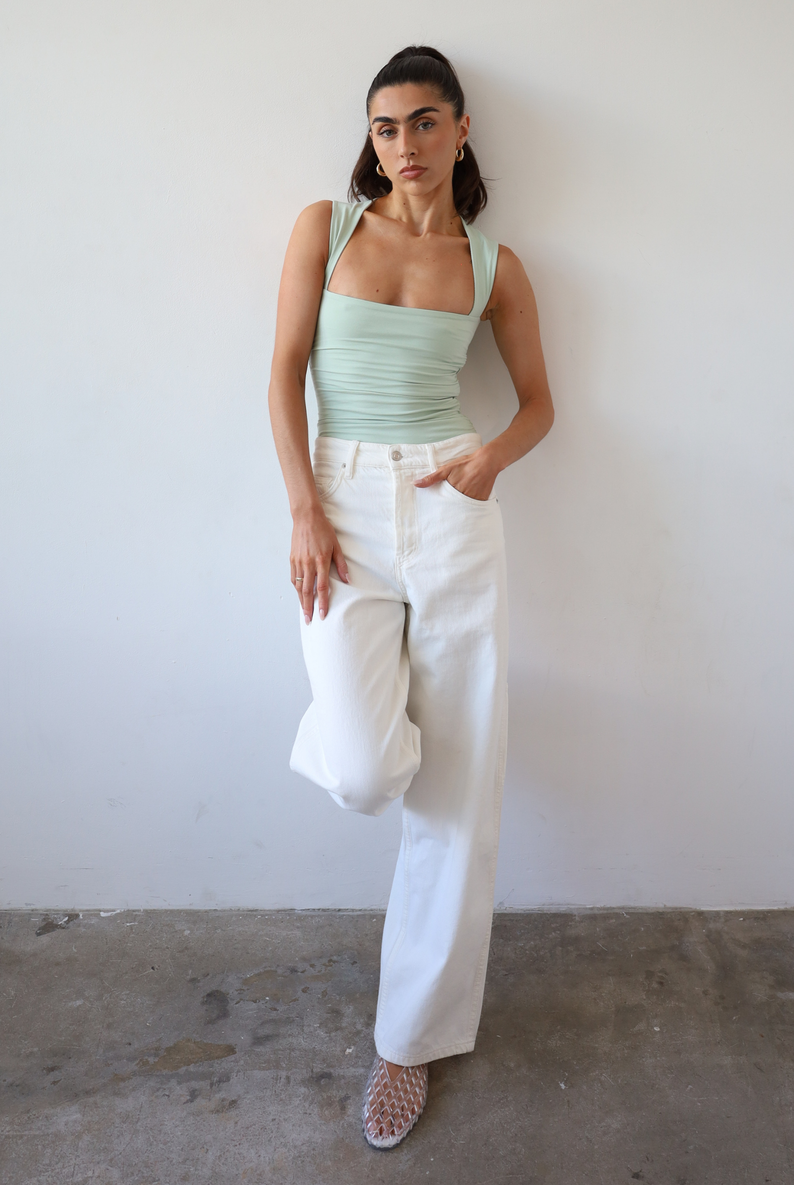Organic Cotton Ruched Top, Green, Front