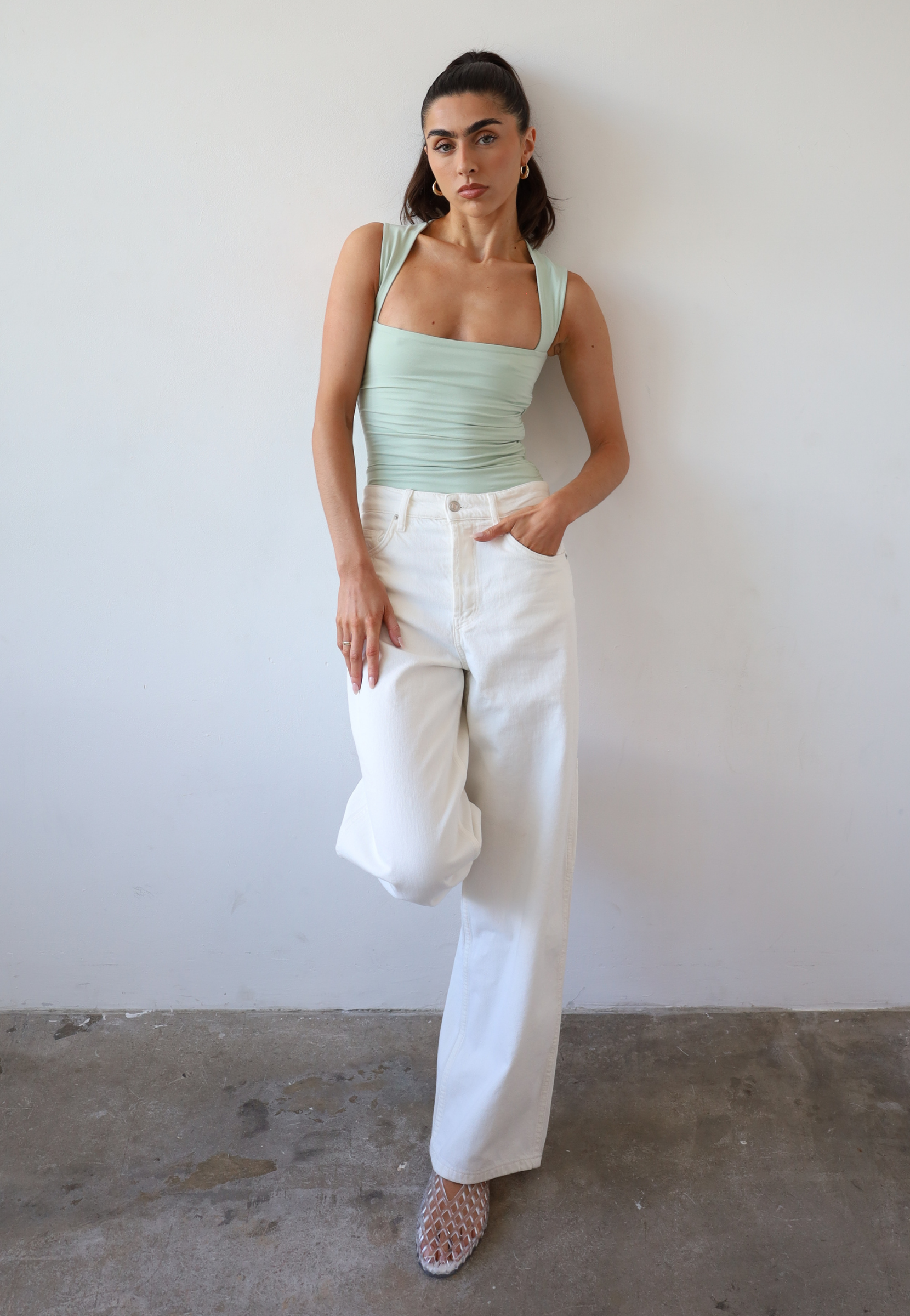 Organic Cotton Ruched Top, Green, Front