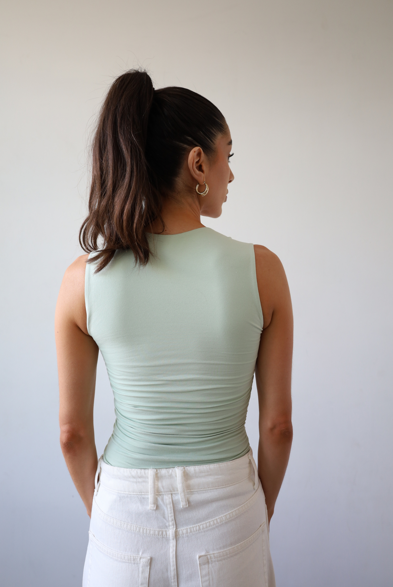 Organic Cotton Ruched Top, Green, Back