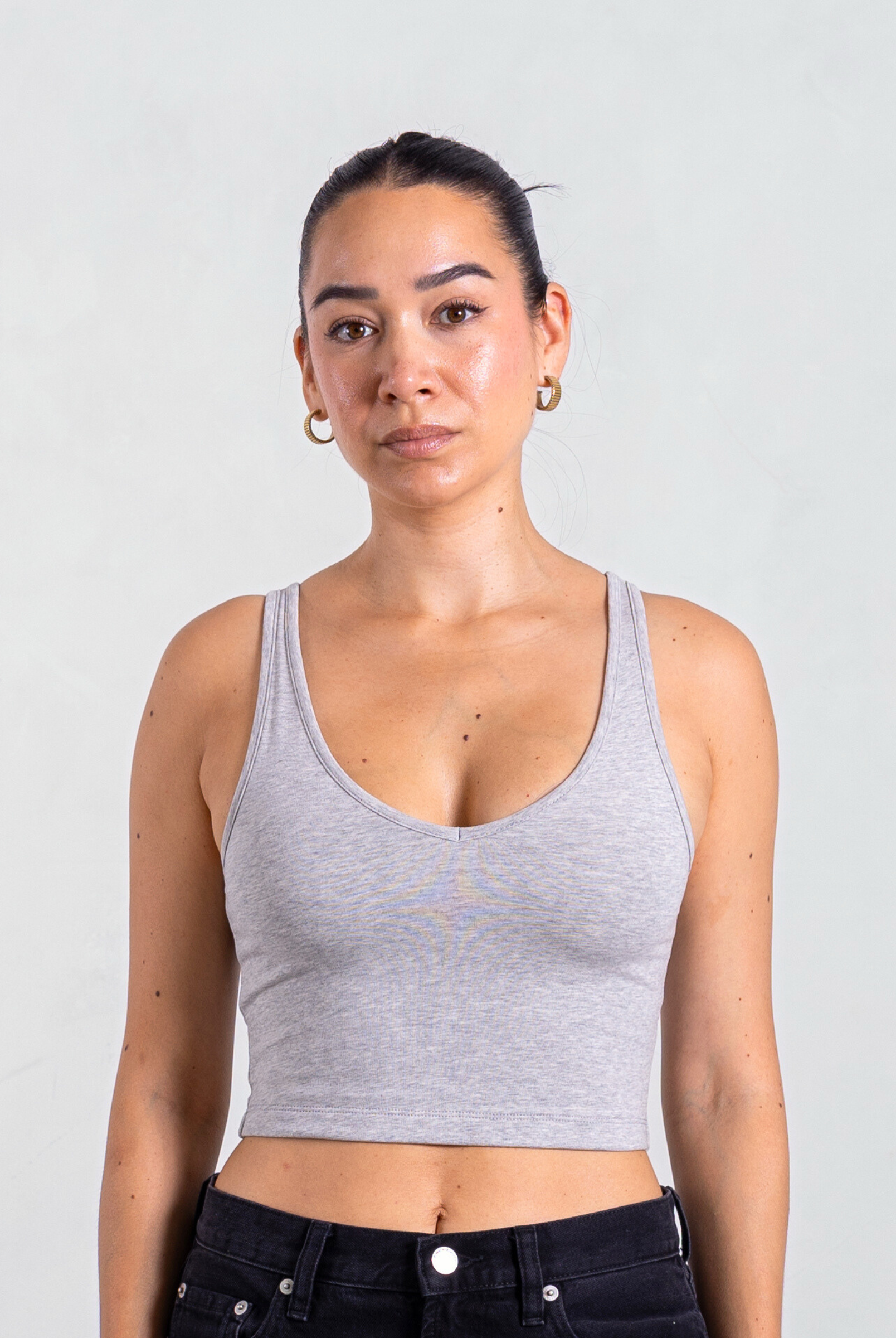 Front V-neck Cropped Tank, Grey Marl