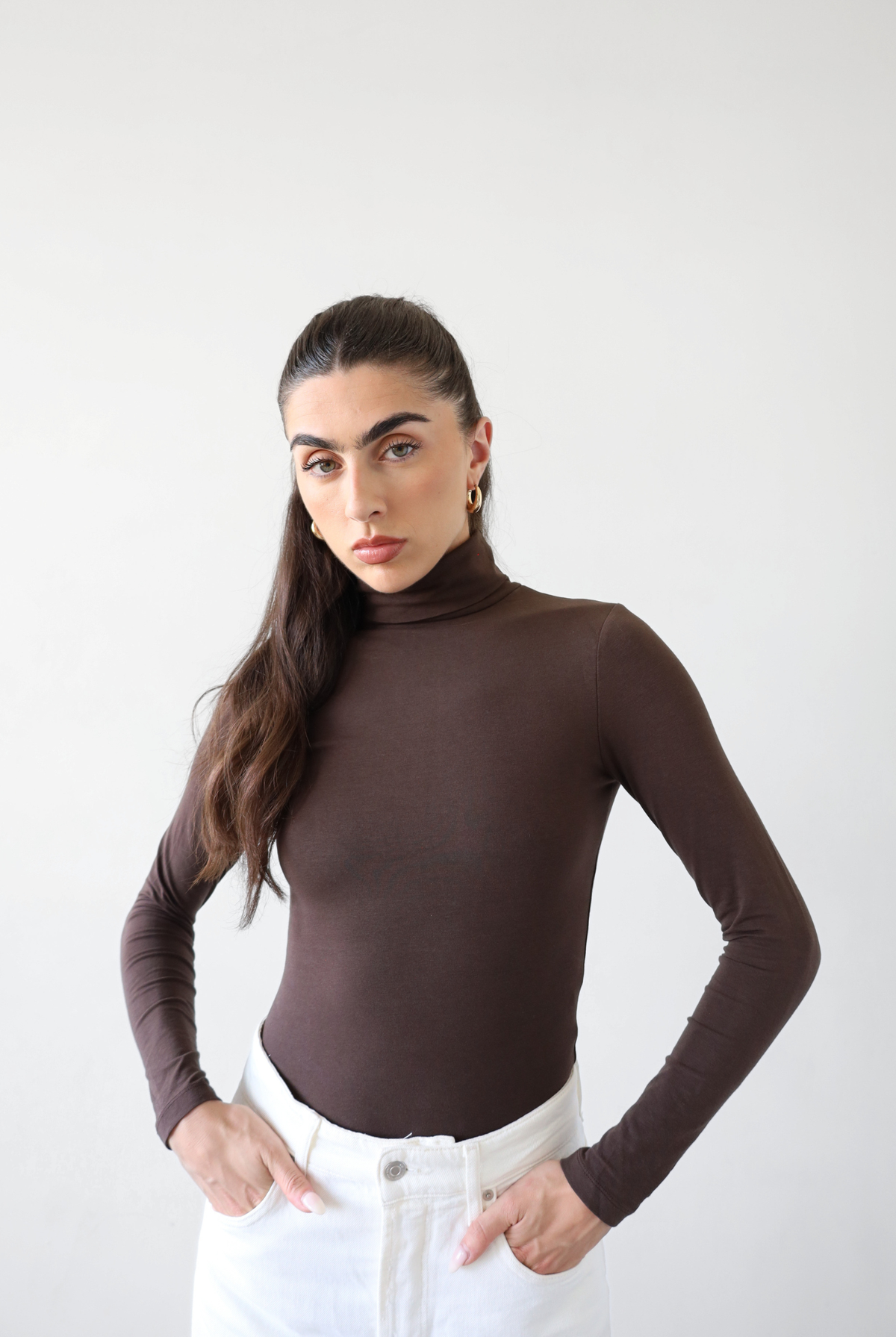 Organic Cotton long sleeve roll neck bodysuit, dark brown, front