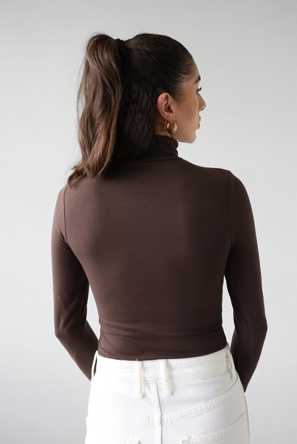 Organic Cotton long sleeve roll neck bodysuit, dark brown, back