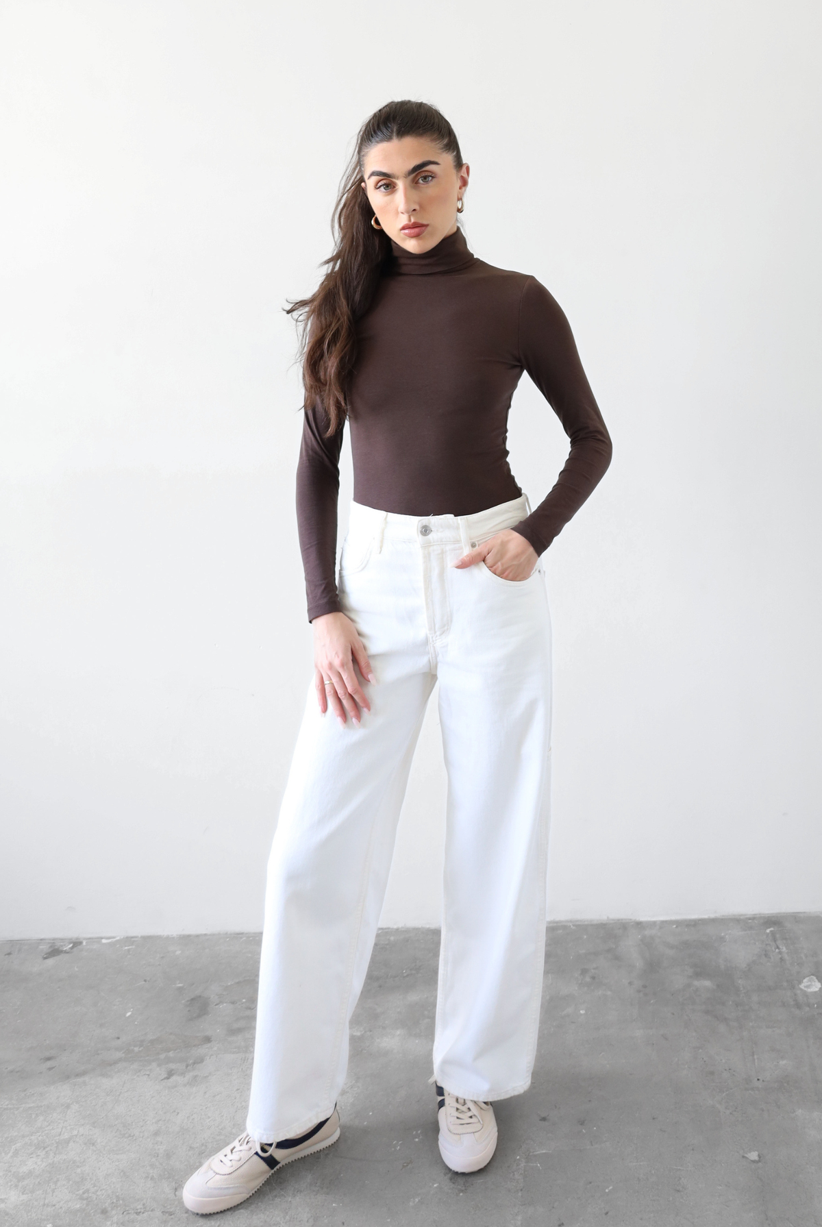 Organic Cotton long sleeve roll neck bodysuit, dark brown, front
