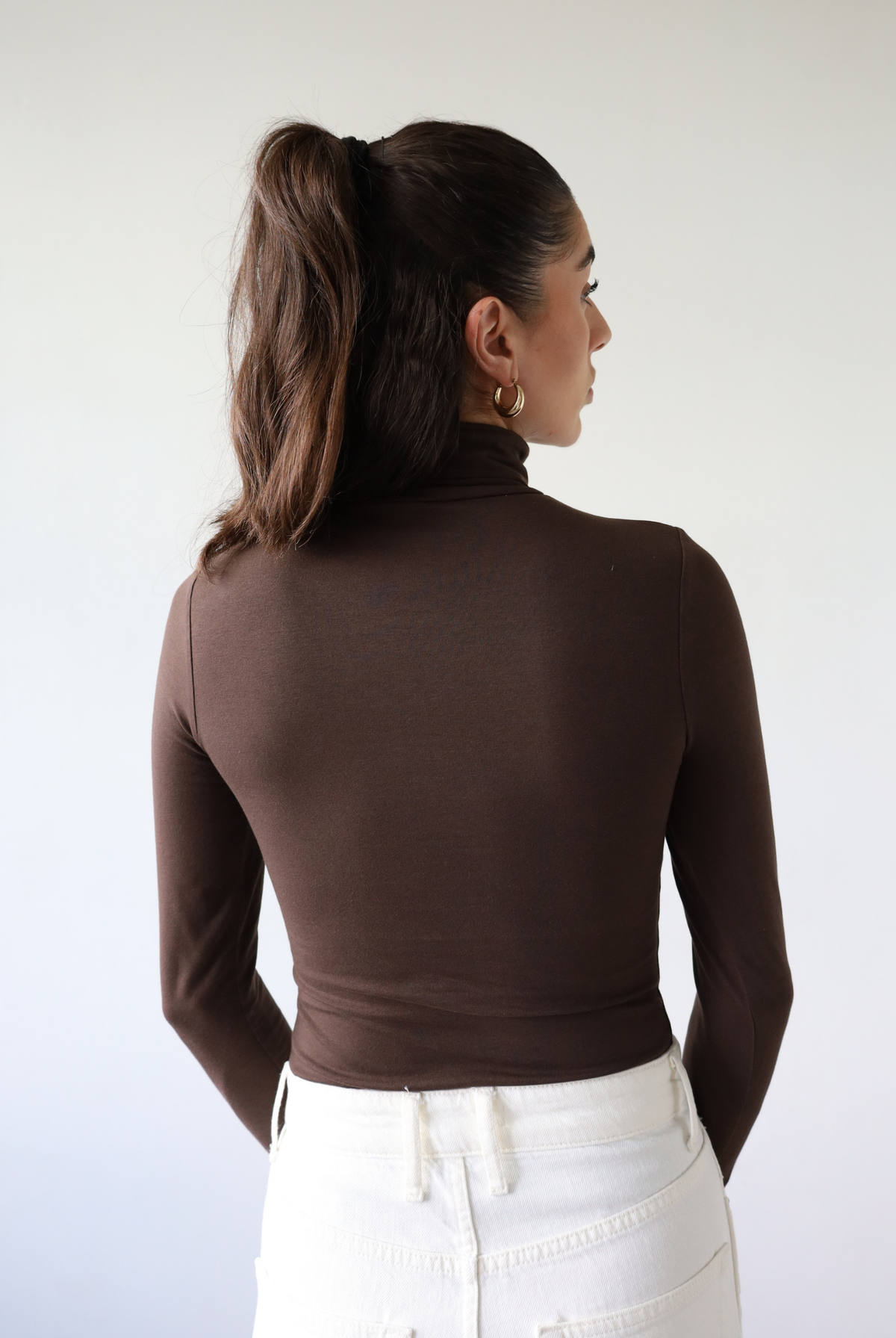 Organic Cotton long sleeve Square neck bodysuit, dark brown, back