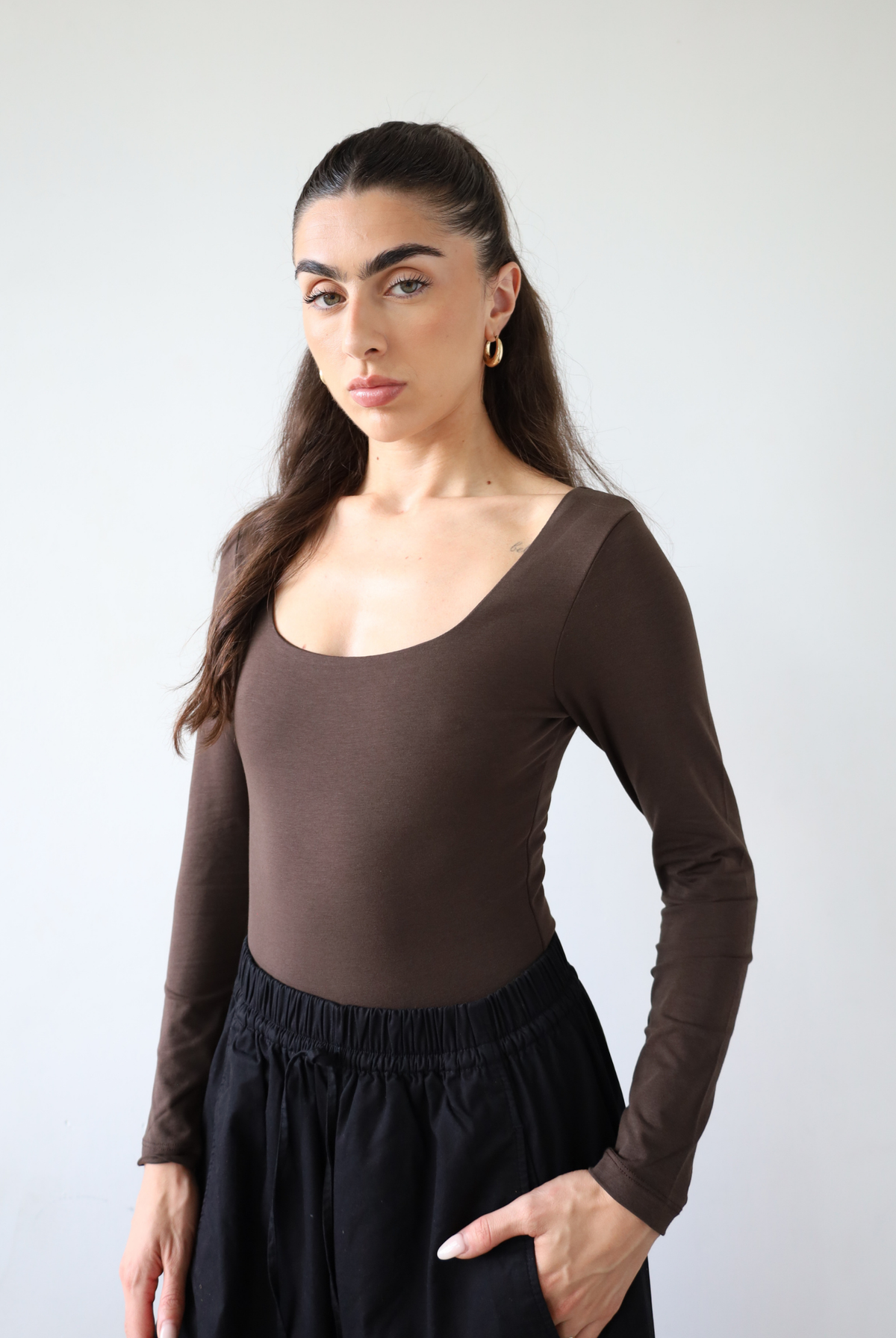 Organic Cotton long sleeve Square neck bodysuit, dark brown, front