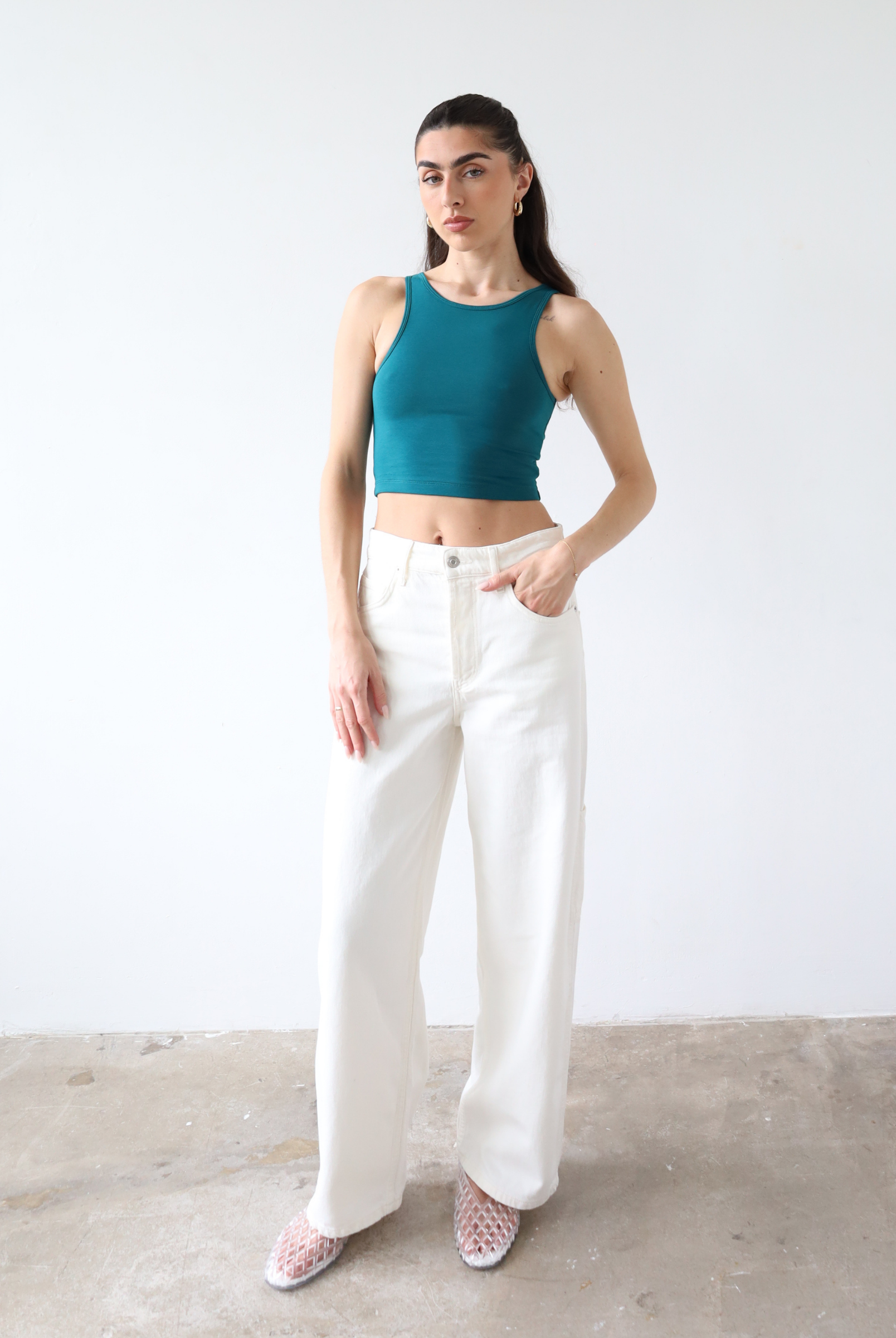 Organic cotton teal high neck tank top, front