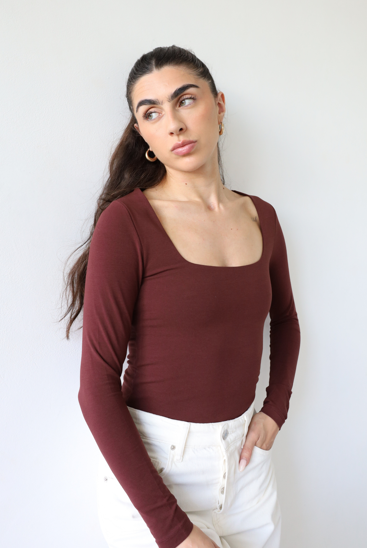 organic cotton long sleeve square neck t-shirt, burgundy, front