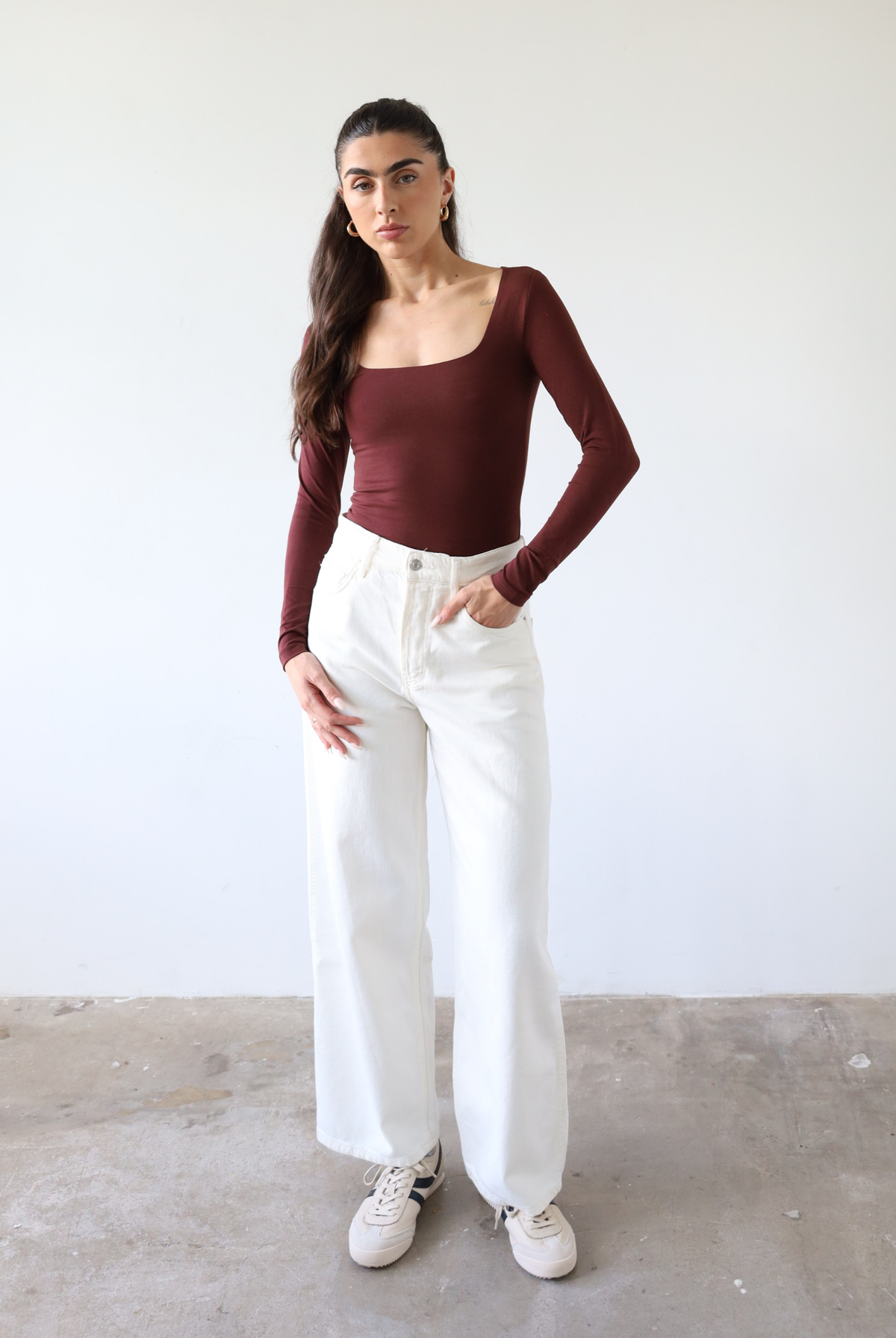 organic cotton long sleeve square neck t-shirt, burgundy, front