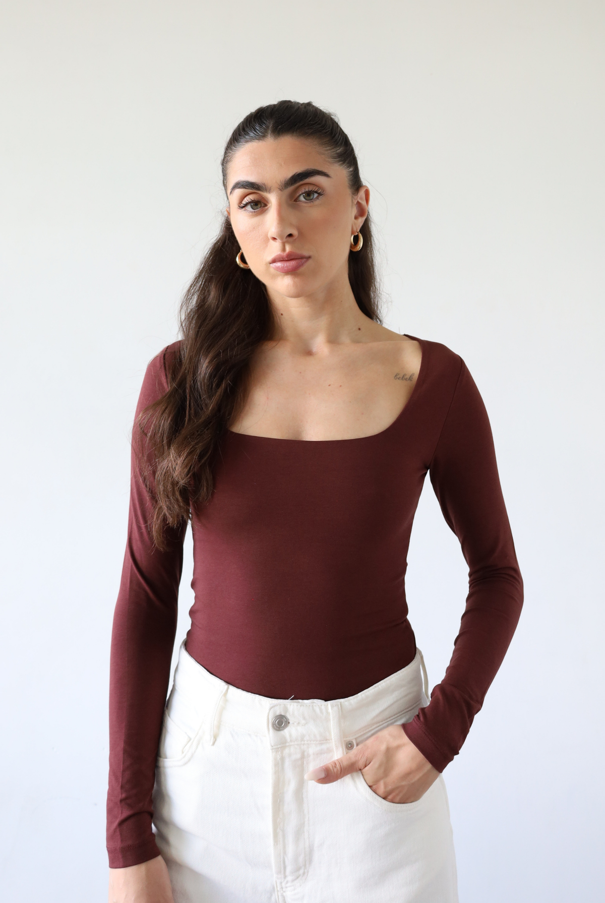 organic cotton long sleeve square neck t-shirt, burgundy, front