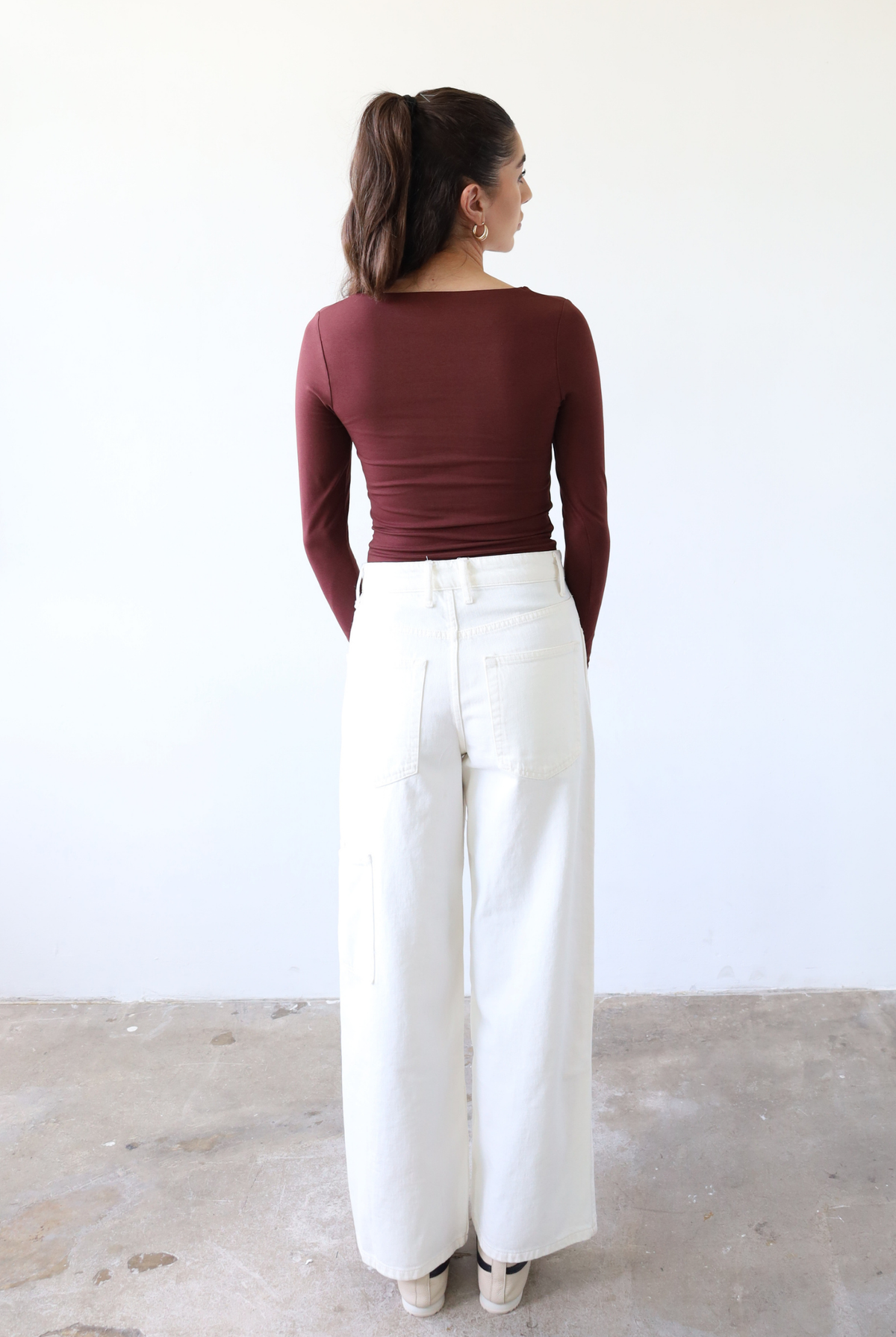 organic cotton long sleeve square neck t-shirt, burgundy, back