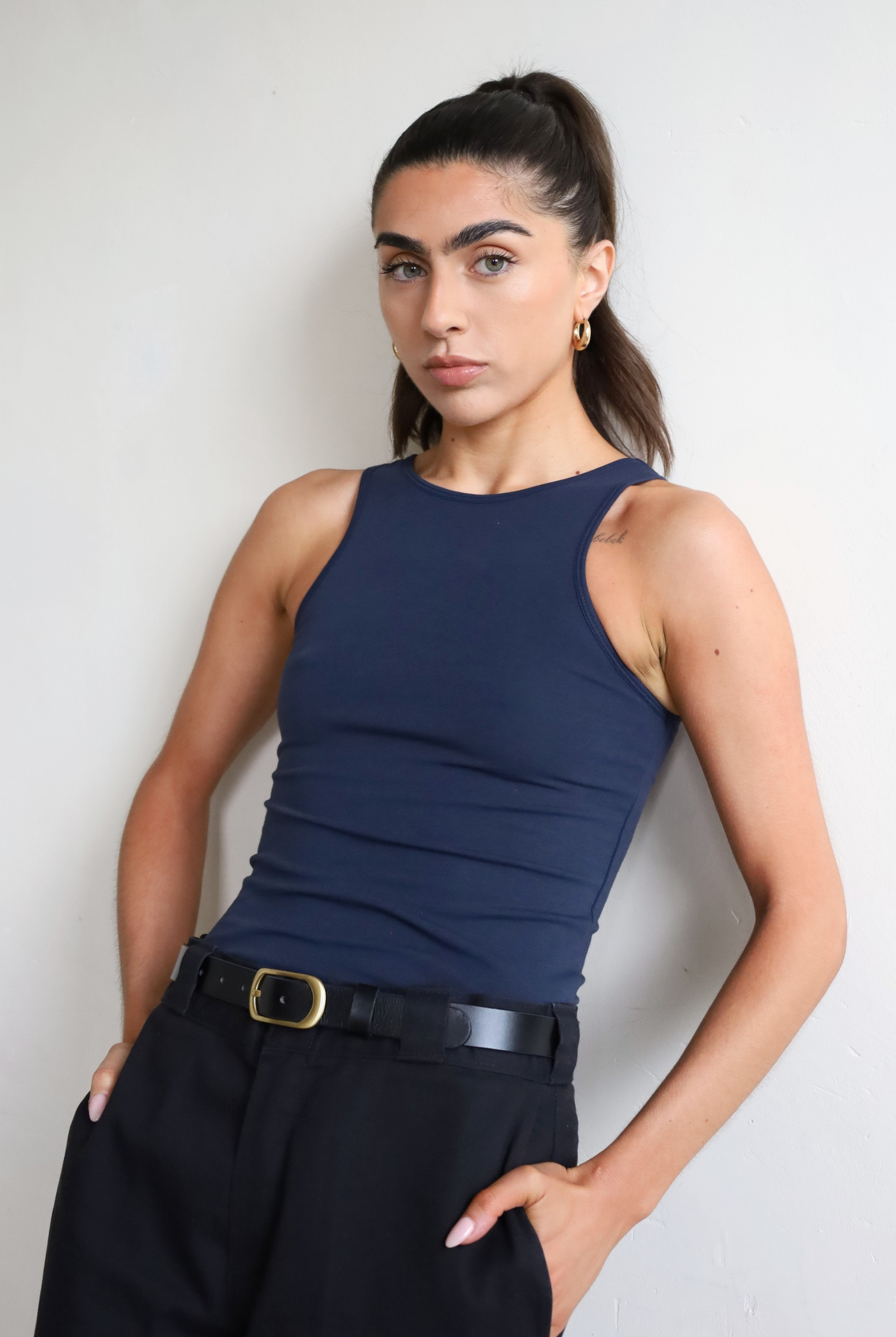 Womens organic cotton high neck tank top, Navy Blue