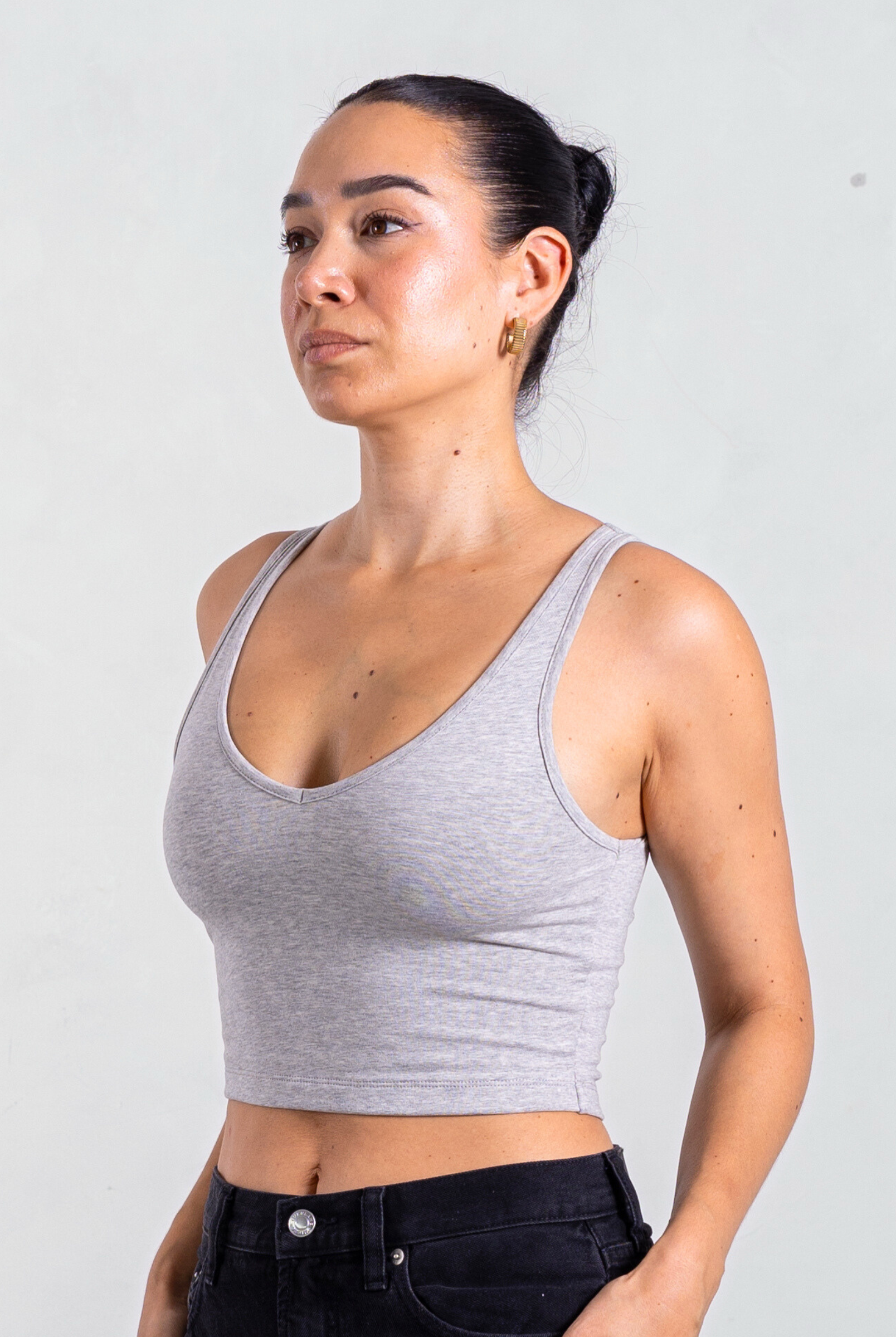 Side V-neck Cropped Tank, Grey Marl