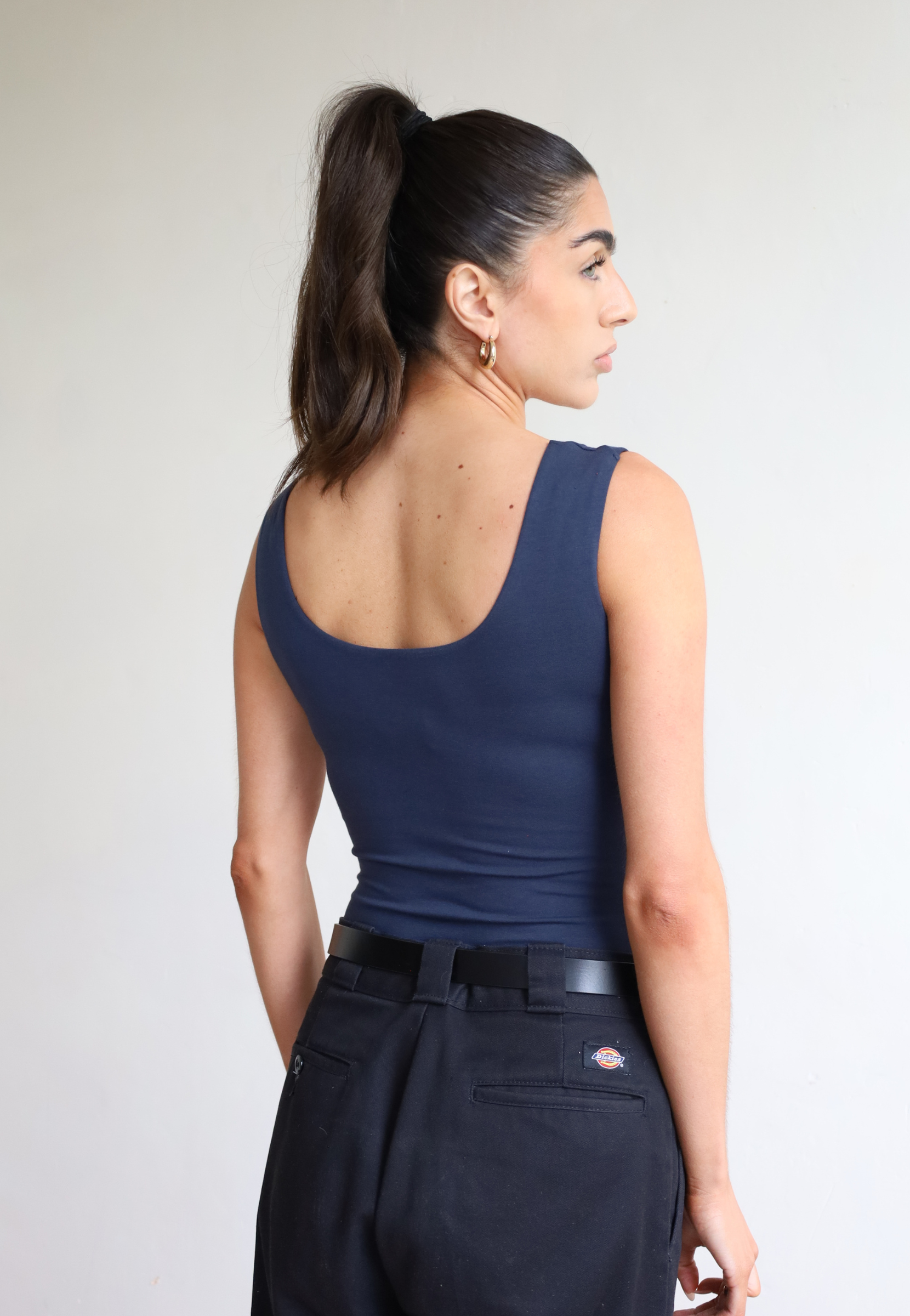 Womens organic cotton square neck sleeveless bodysuit, Navy Blue