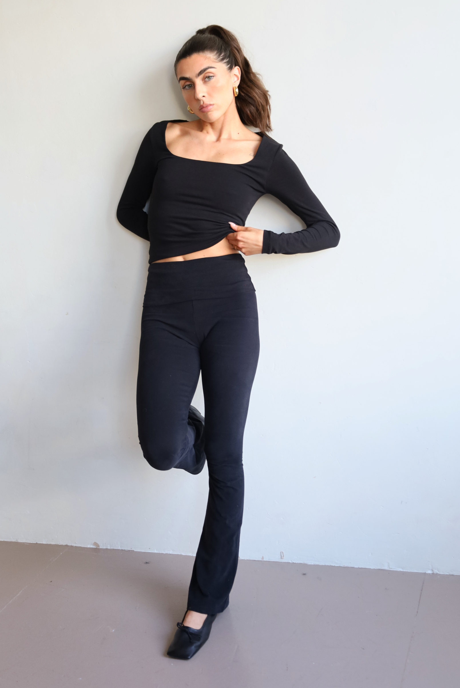 Organic cotton foldover leggings black - front