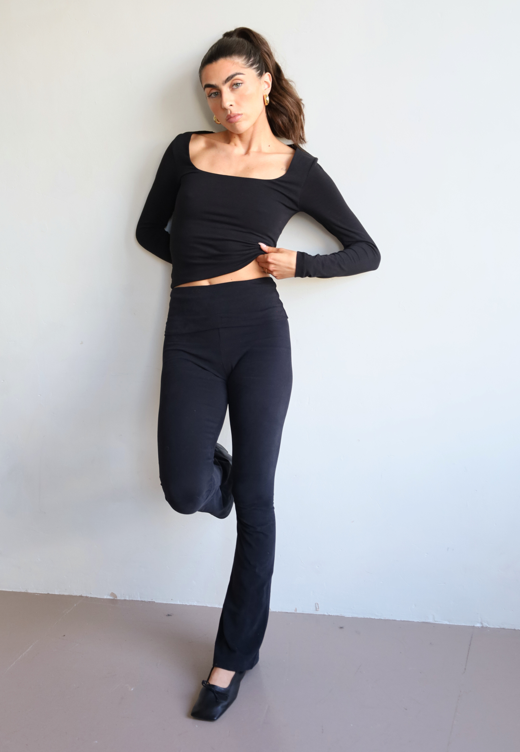 Organic cotton foldover leggings black - front