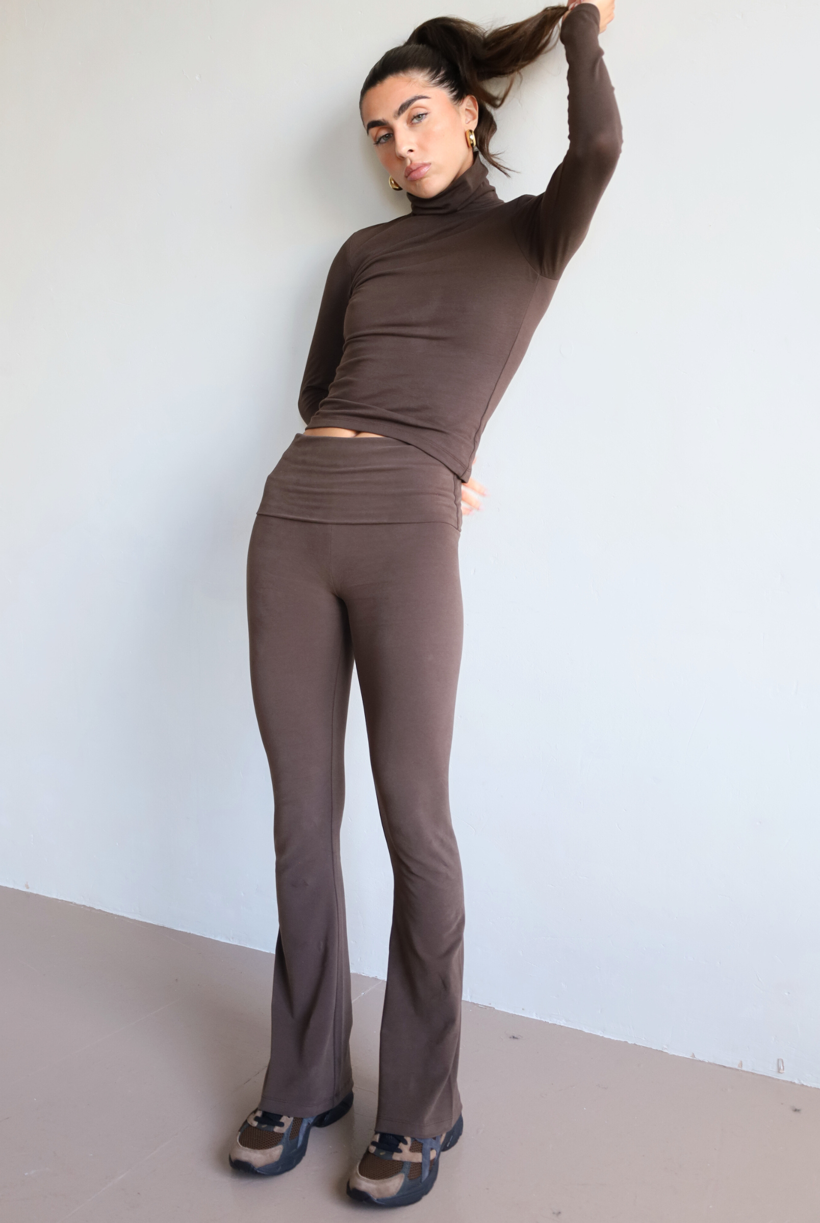 women's organic cotton brown foldover flared leggings