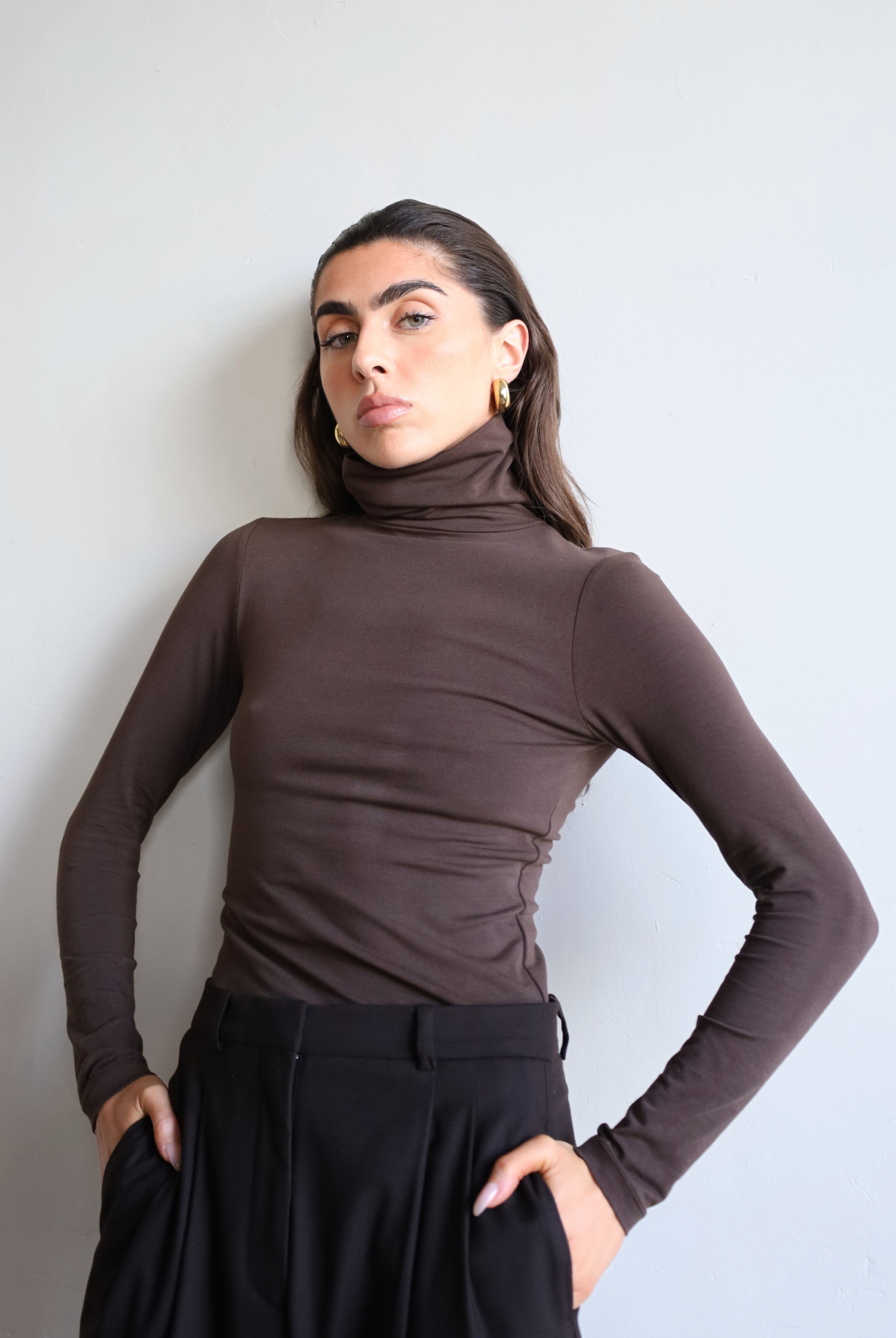 women's brown organic cotton long sleeve roll neck t-shirt - front