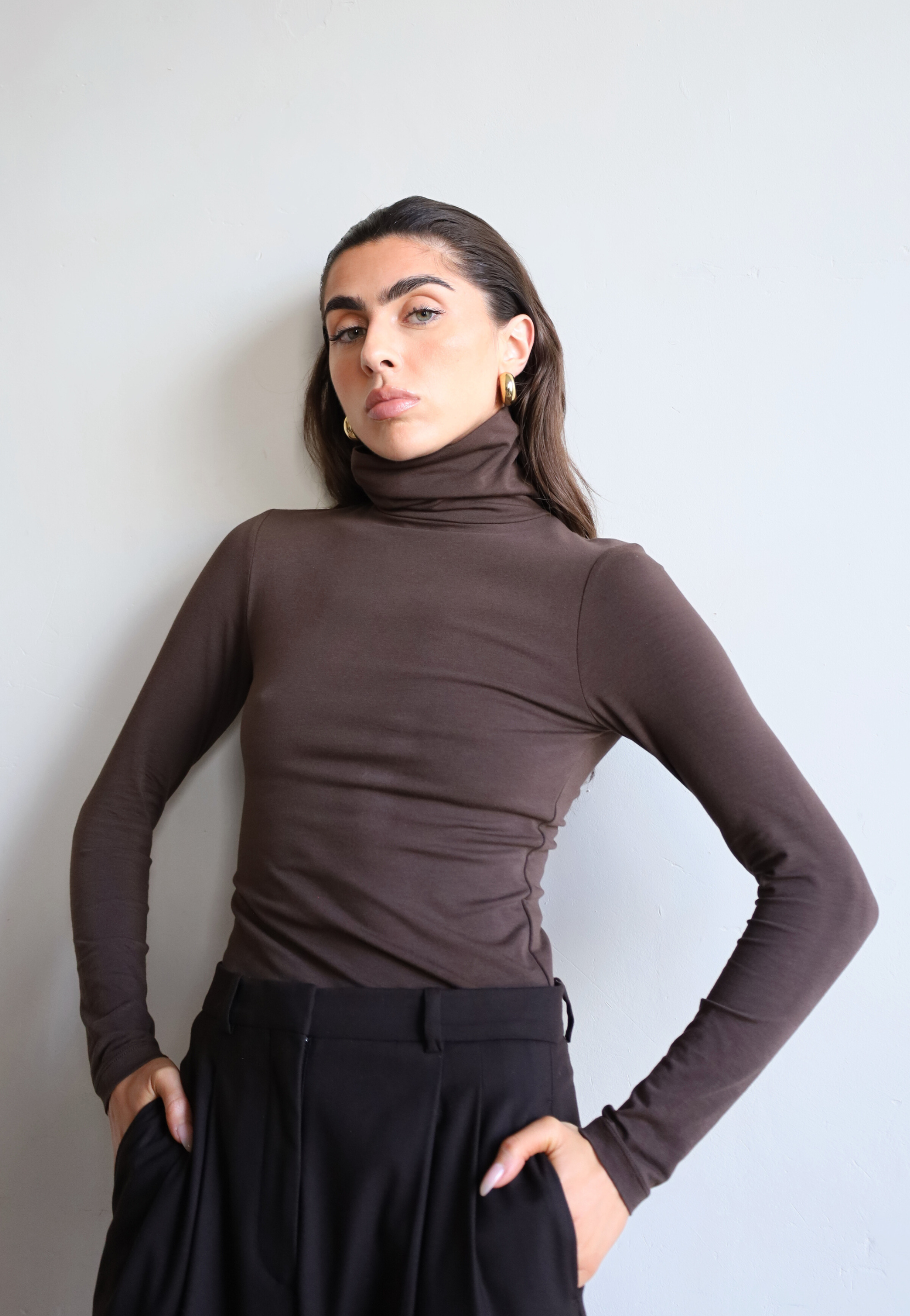 women's brown organic cotton long sleeve roll neck t-shirt - front