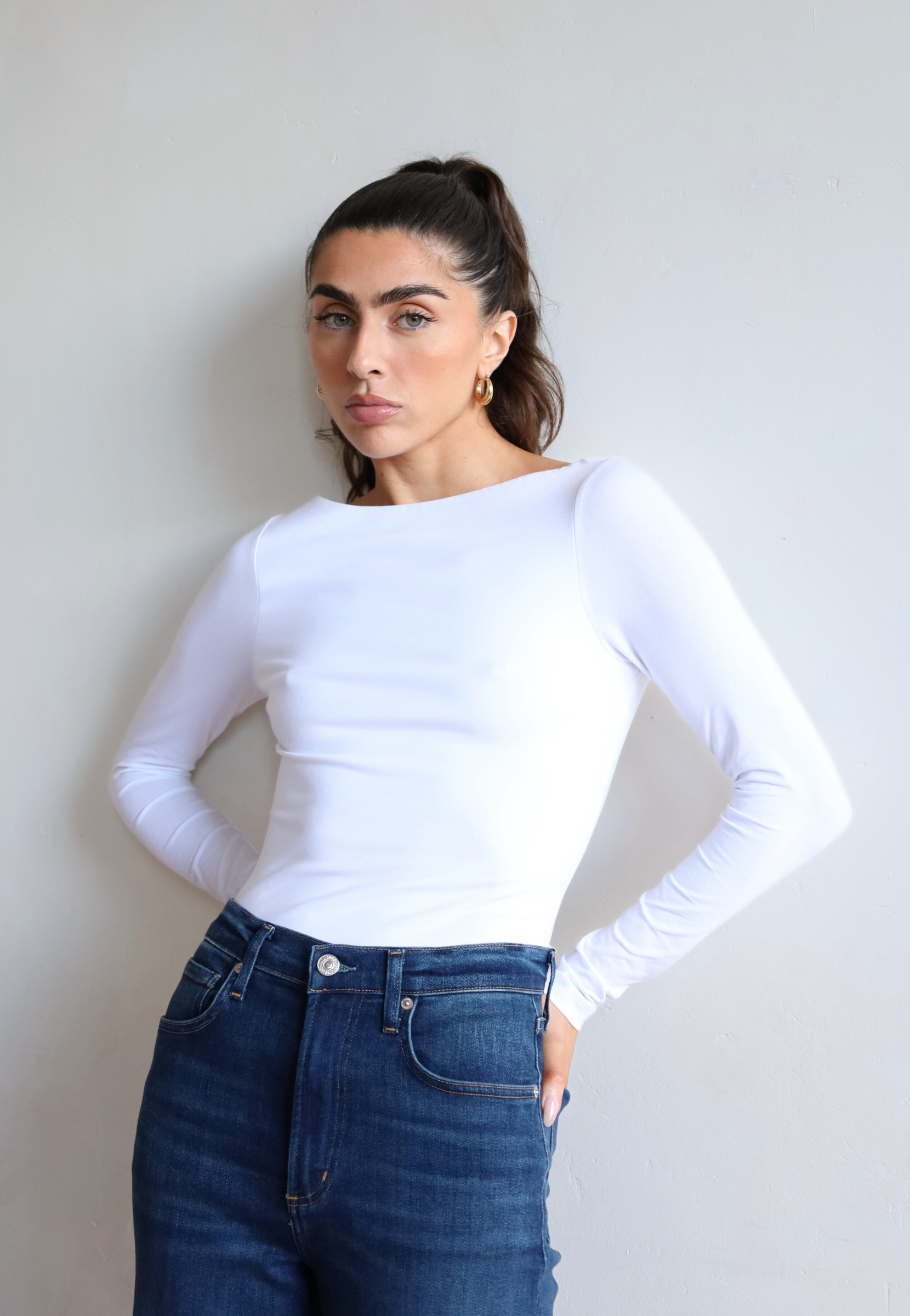 Organic Cotton long sleeve boat neck t-shirt, white - front