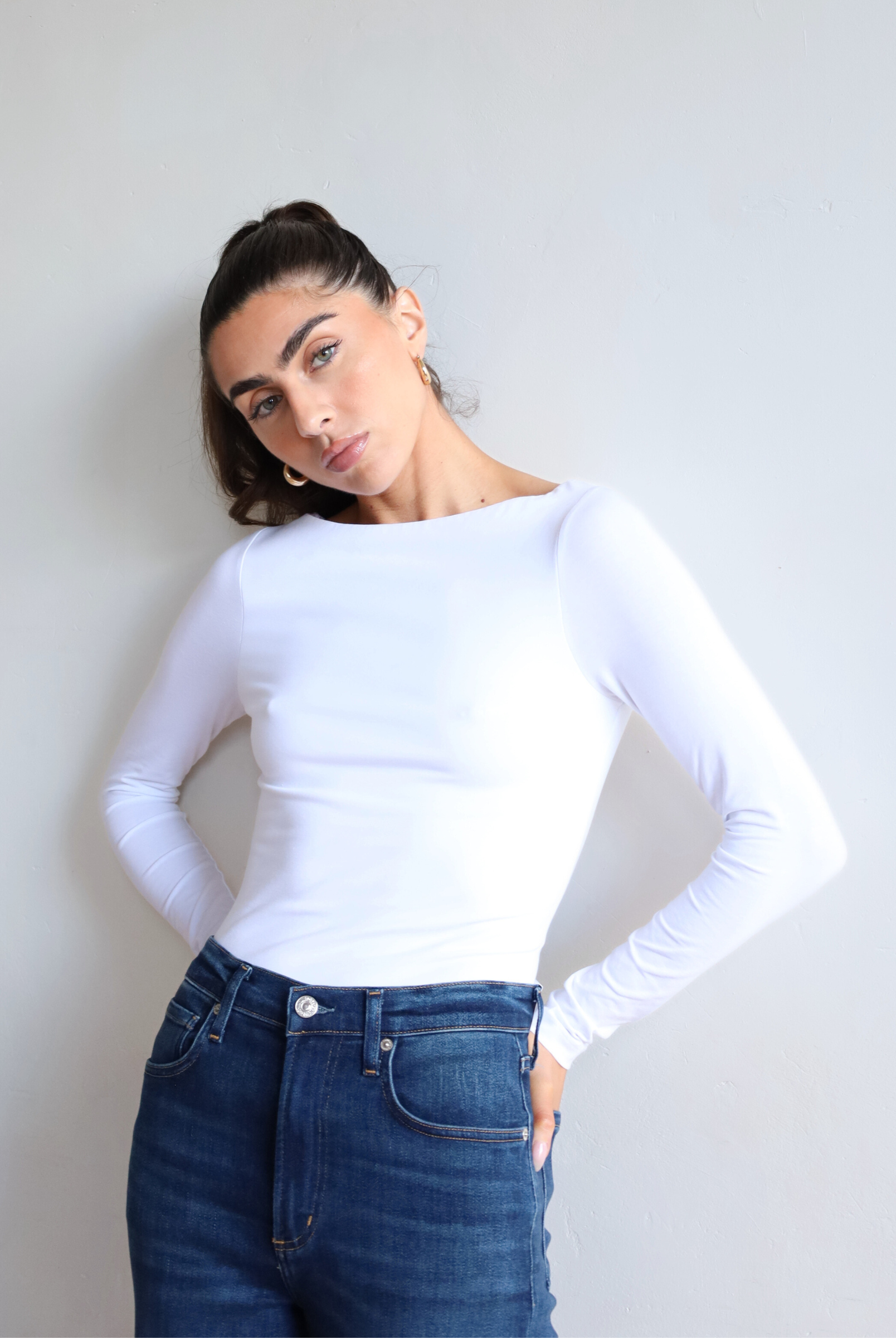 Organic Cotton long sleeve boat neck t-shirt, white - front