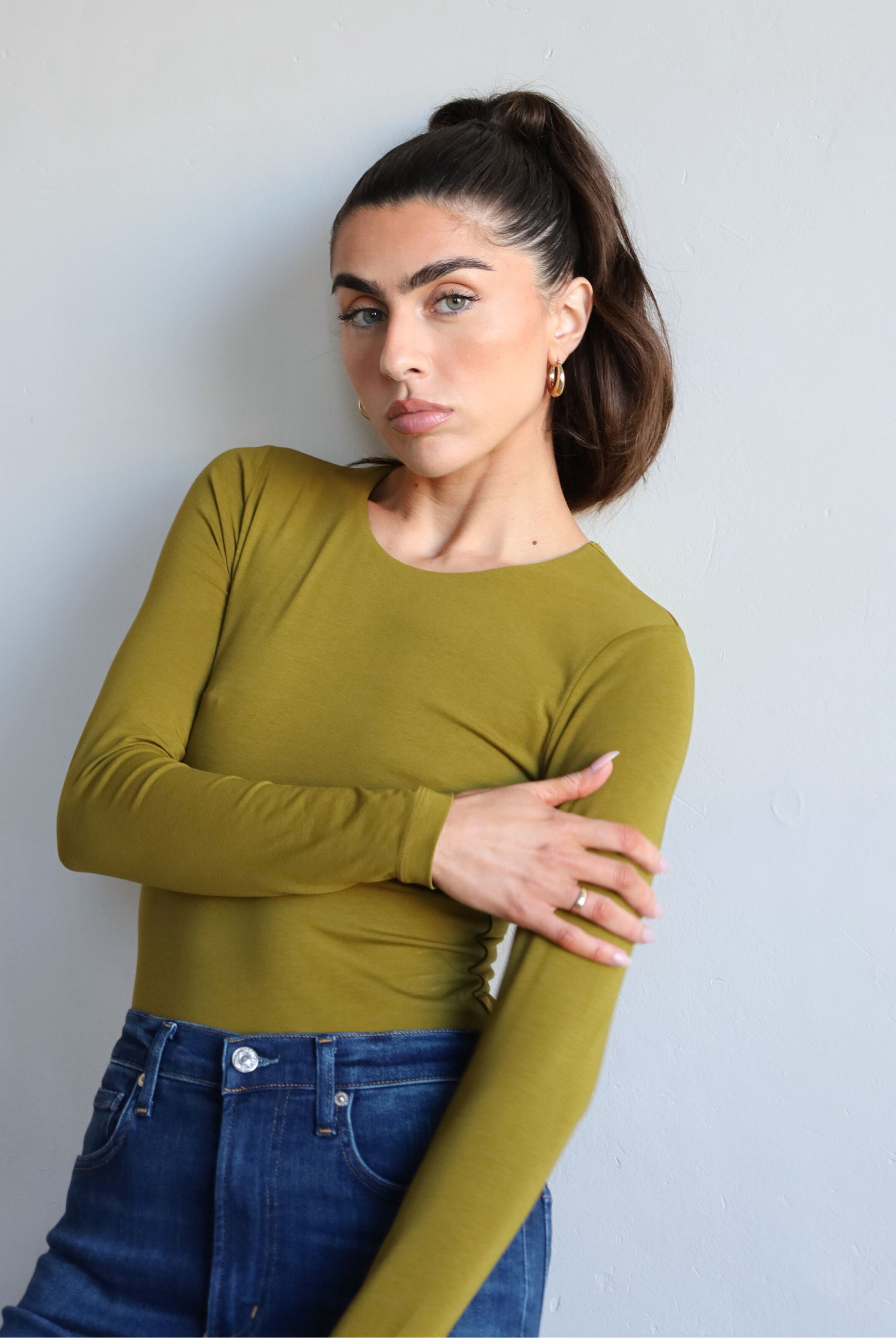 Organic cotton long sleeve crew neck bodysuit, green - front