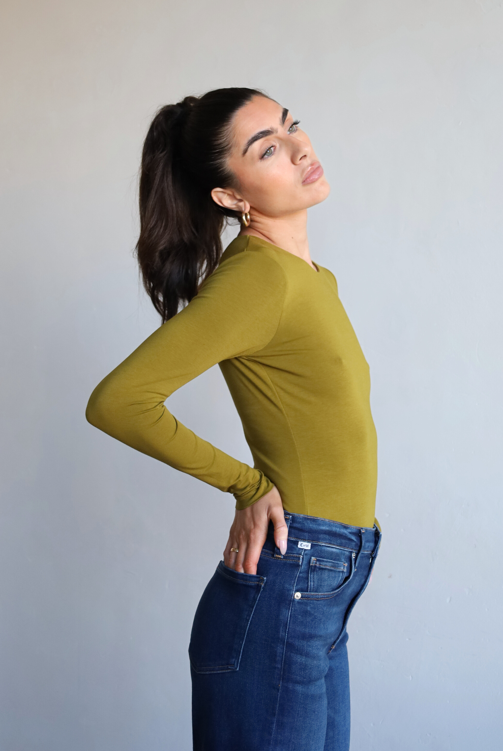 Organic cotton long sleeve crew neck bodysuit, green - side