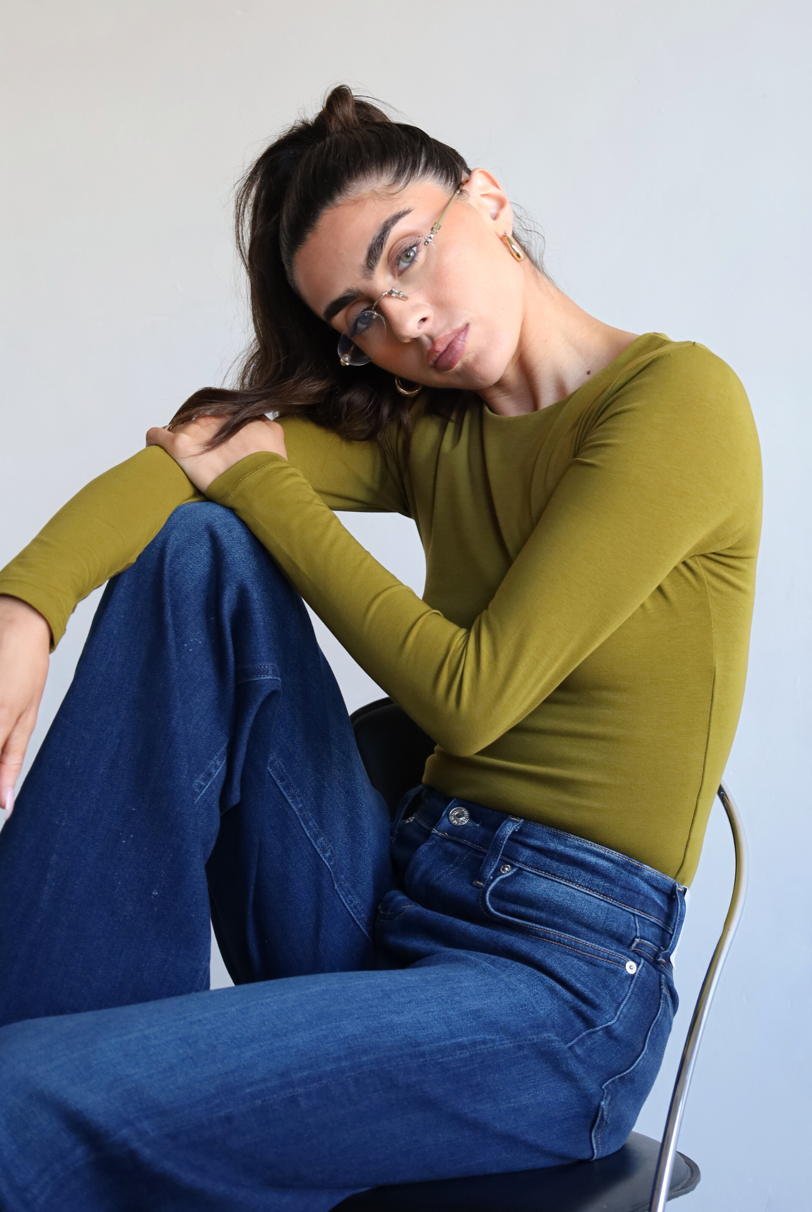 Organic cotton long sleeve crew neck bodysuit, green - front