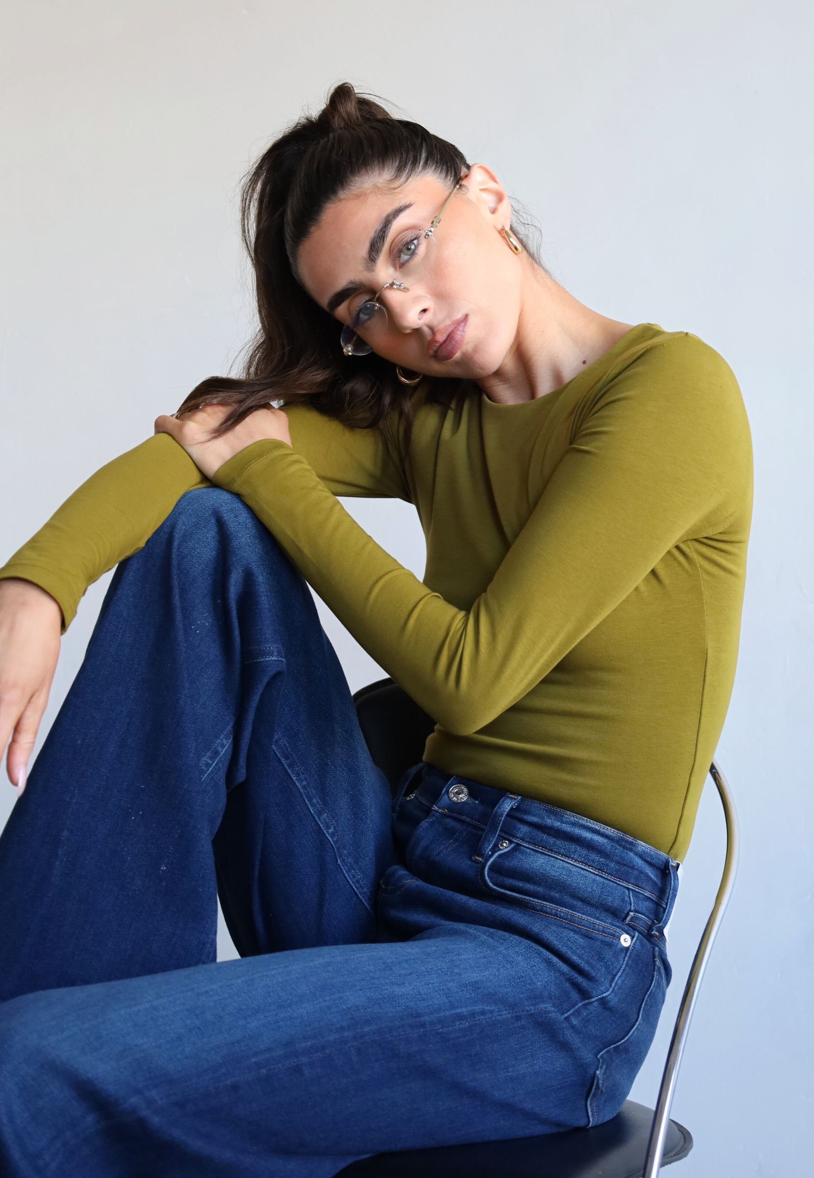 Organic cotton long sleeve crew neck bodysuit, green - front