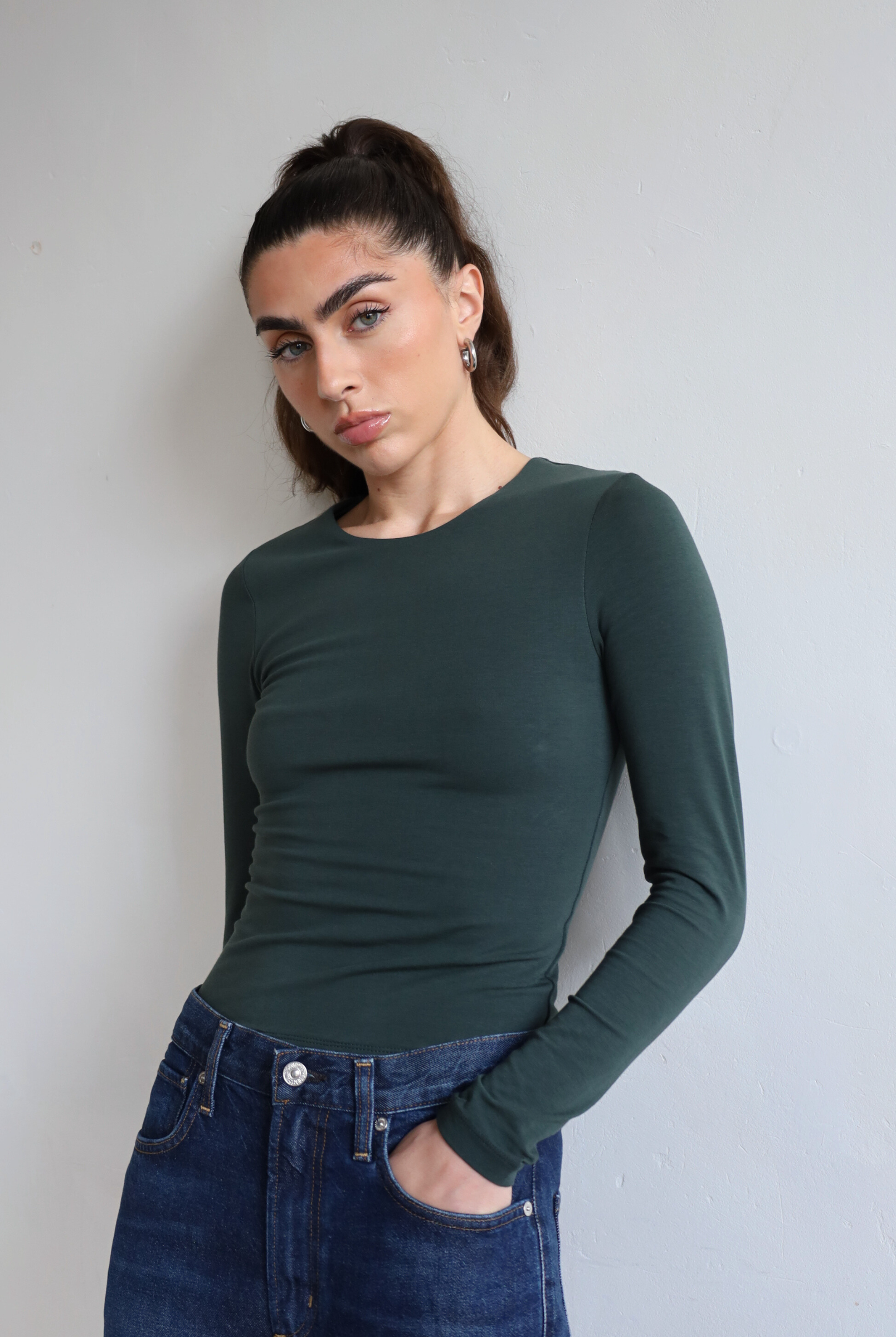 Organic Cotton Long Sleeve Crew Neck Green T-shirt