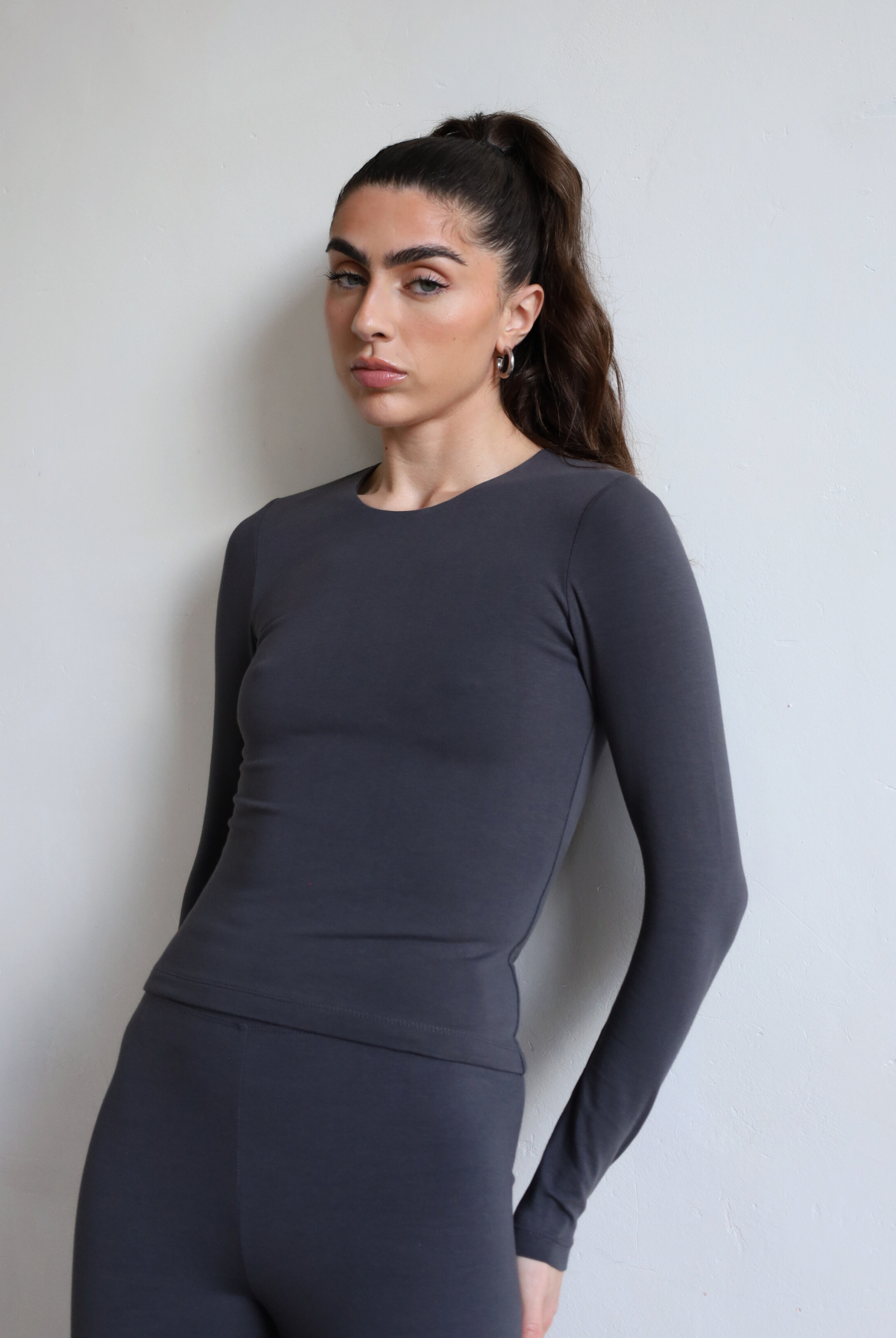 Organic Cotton Long Sleeve Crew Neck T-shirt, Charcoal