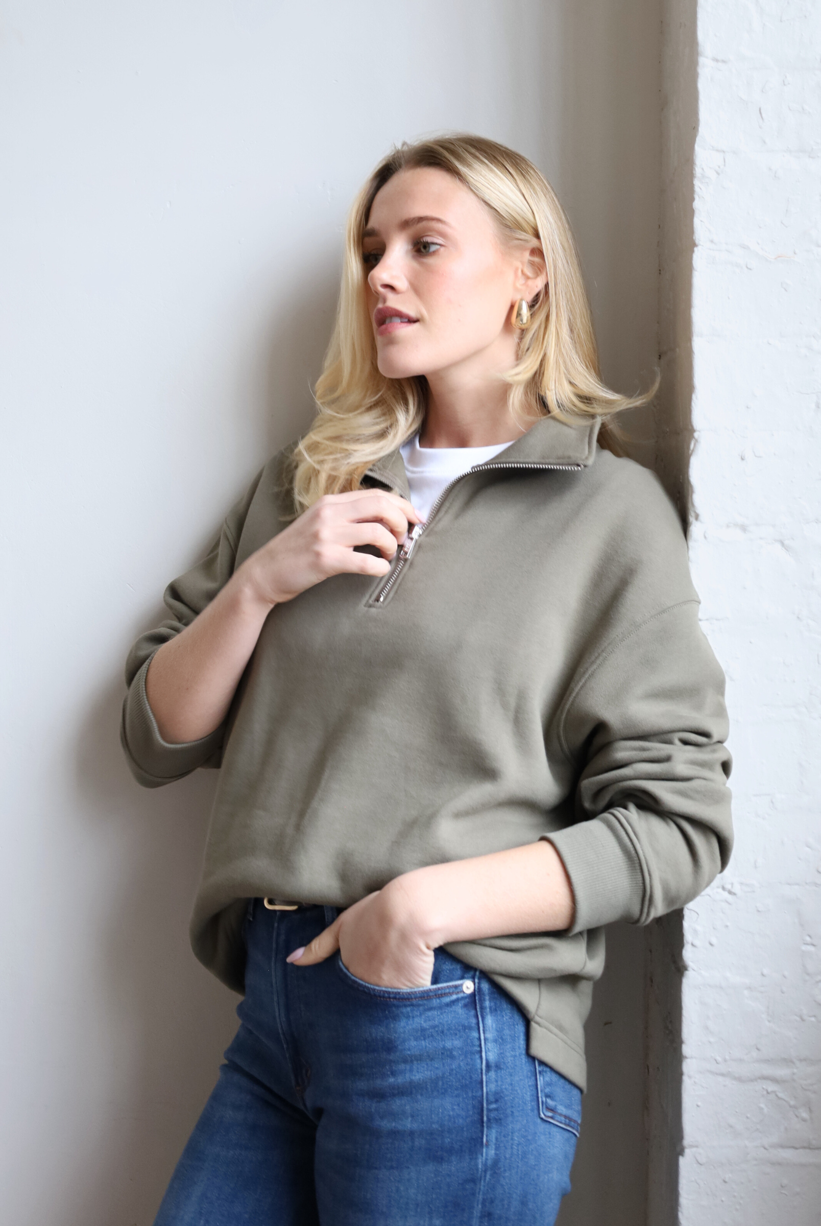 Organic cotton quarter zip sweatshirt, Olive green, front