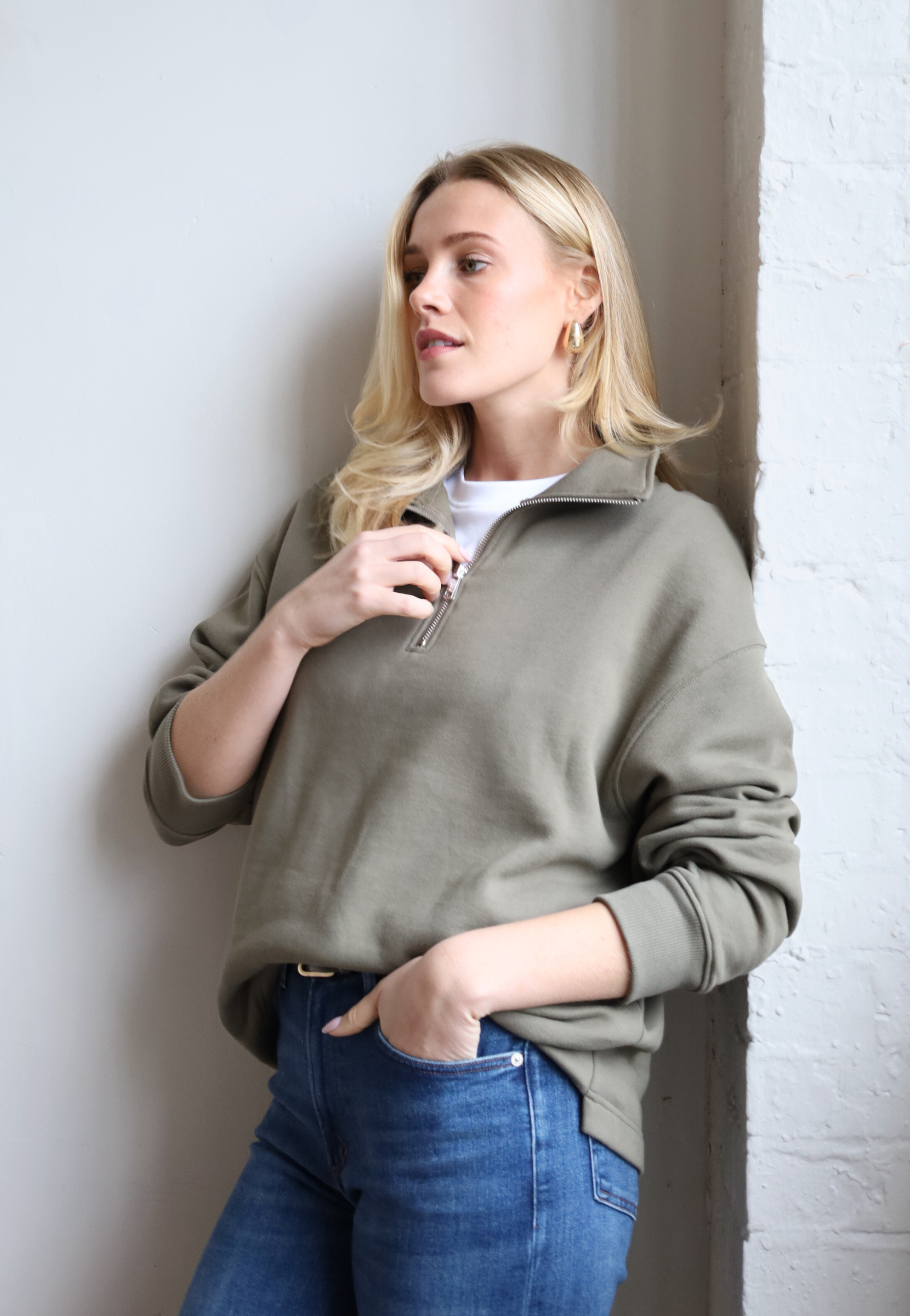 Organic cotton quarter zip sweatshirt, Olive green, front