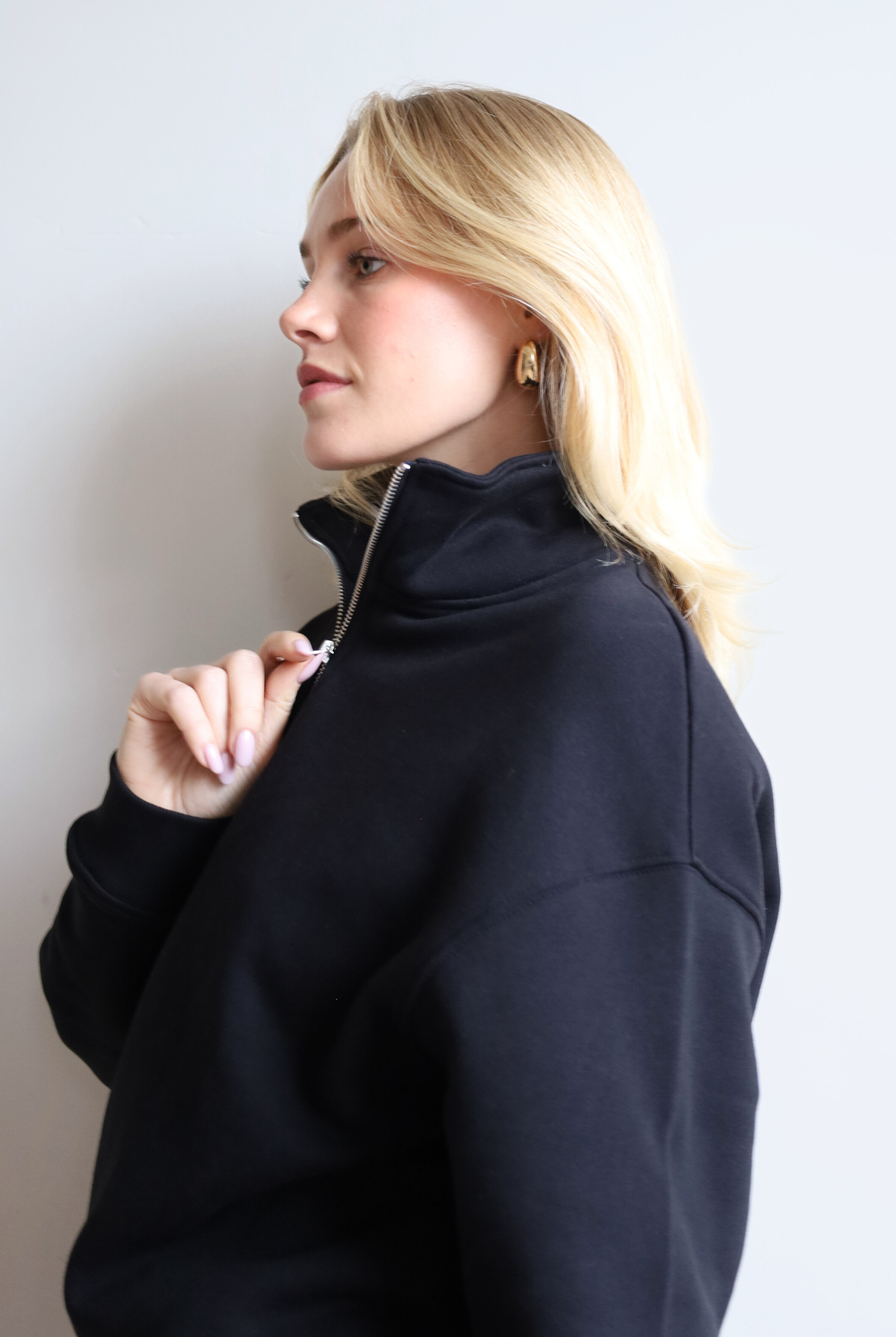 Organic cotton quarter zip sweatshirt, black, side