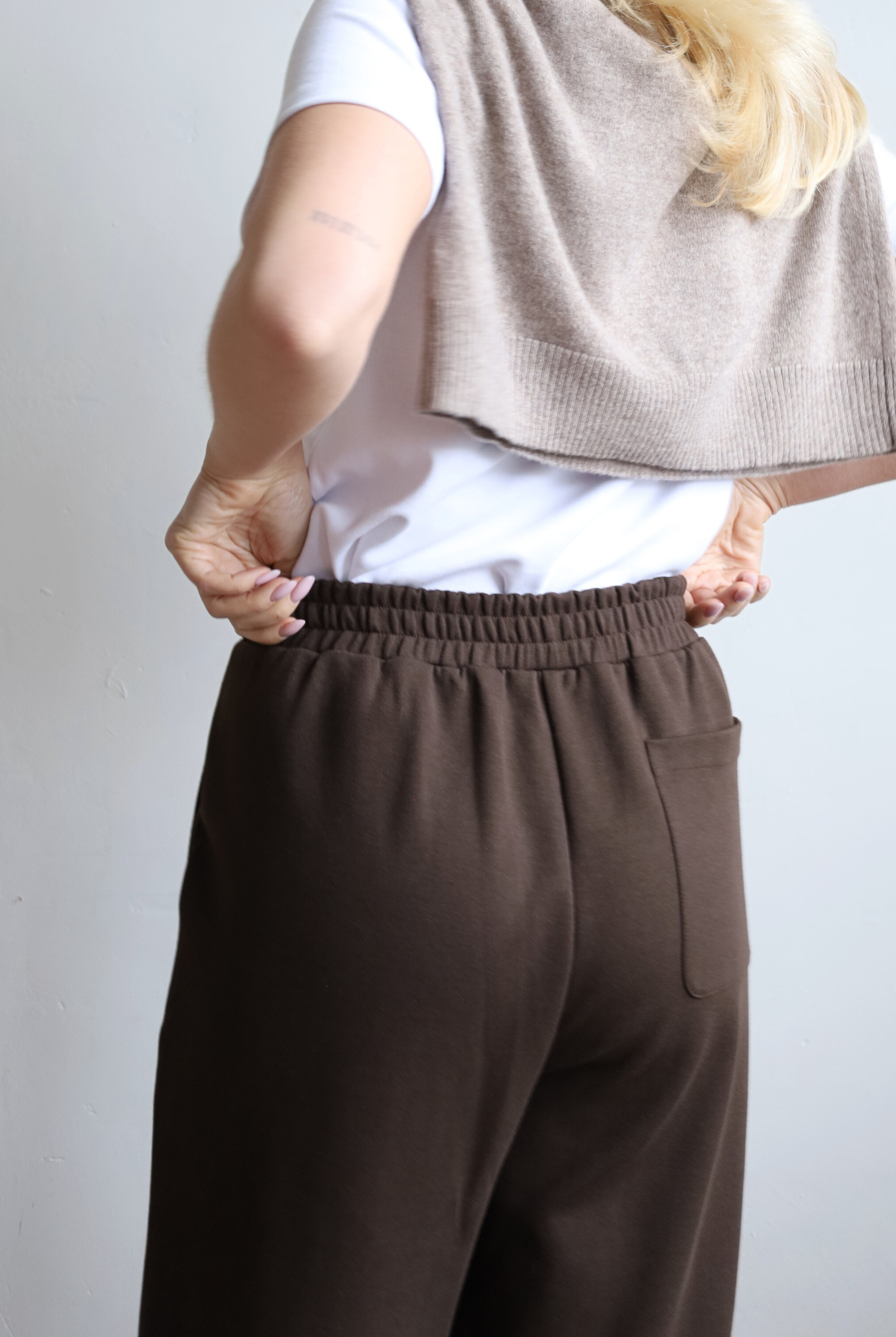 organic cotton wide-leg trouser, brown, back