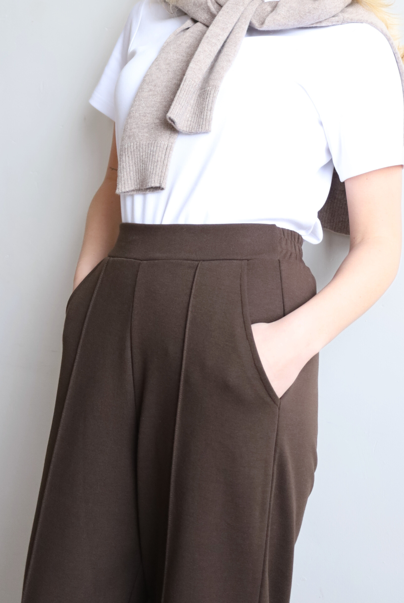 organic cotton wide-leg trouser, brown, front