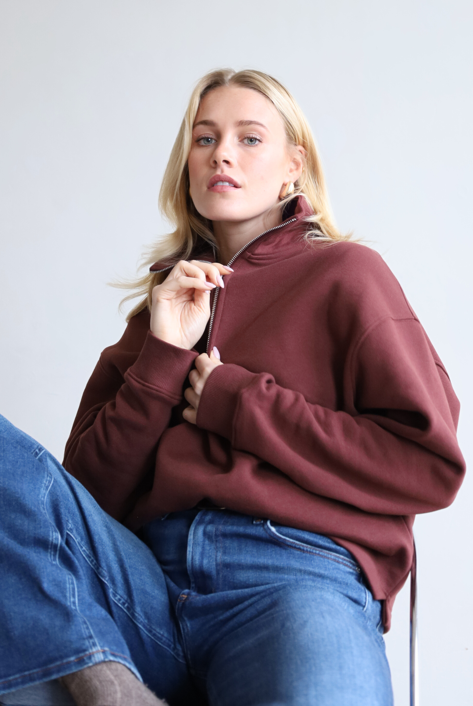 Organic cotton quarter zip sweatshirt, burgundy, front