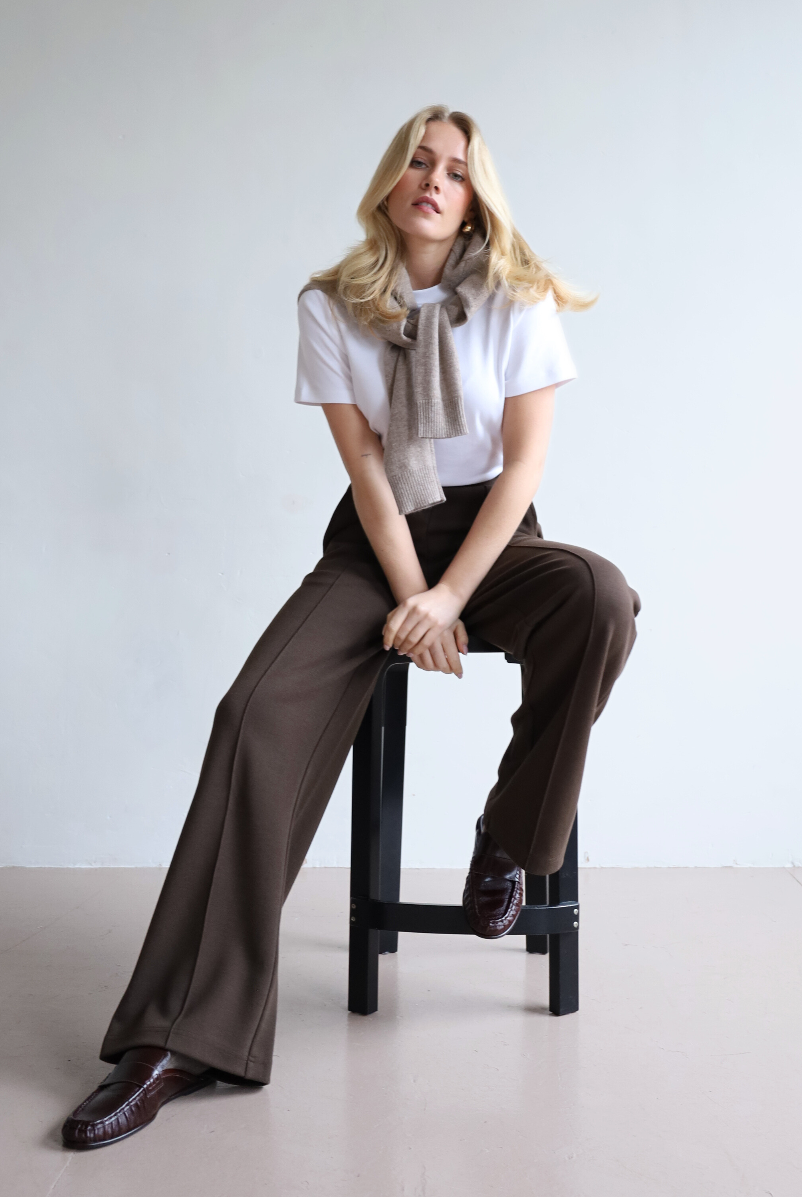 organic cotton wide-leg trouser, brown, front