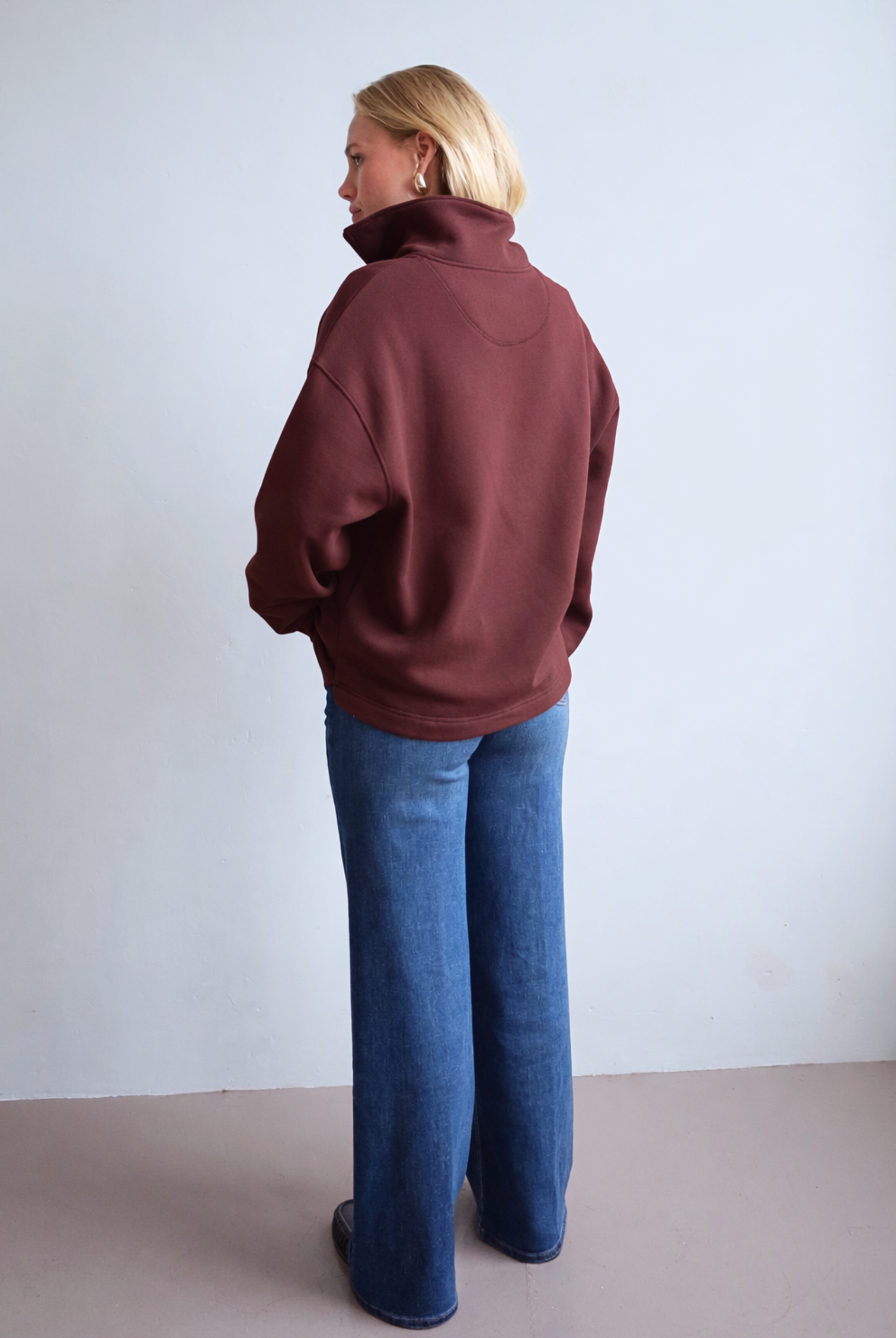 Organic cotton quarter zip sweatshirt, burgundy, back