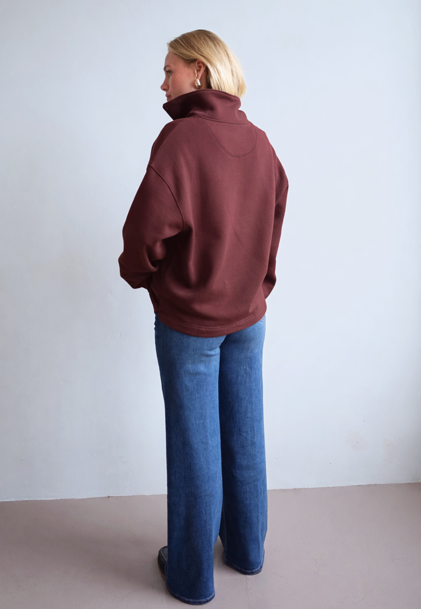 Organic cotton quarter zip sweatshirt, burgundy, back