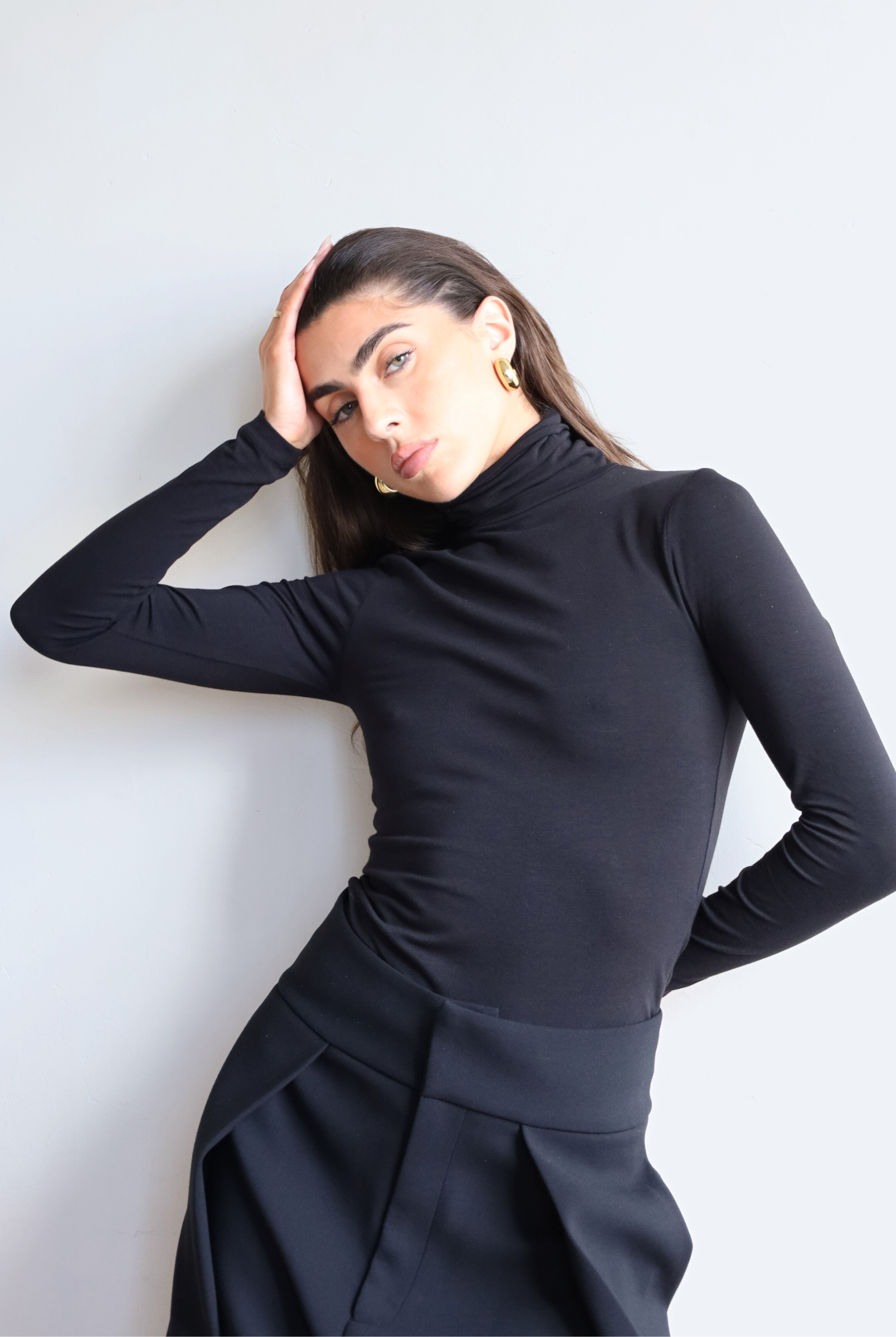 Women's black organic cotton long sleeve roll neck t-shirt - front