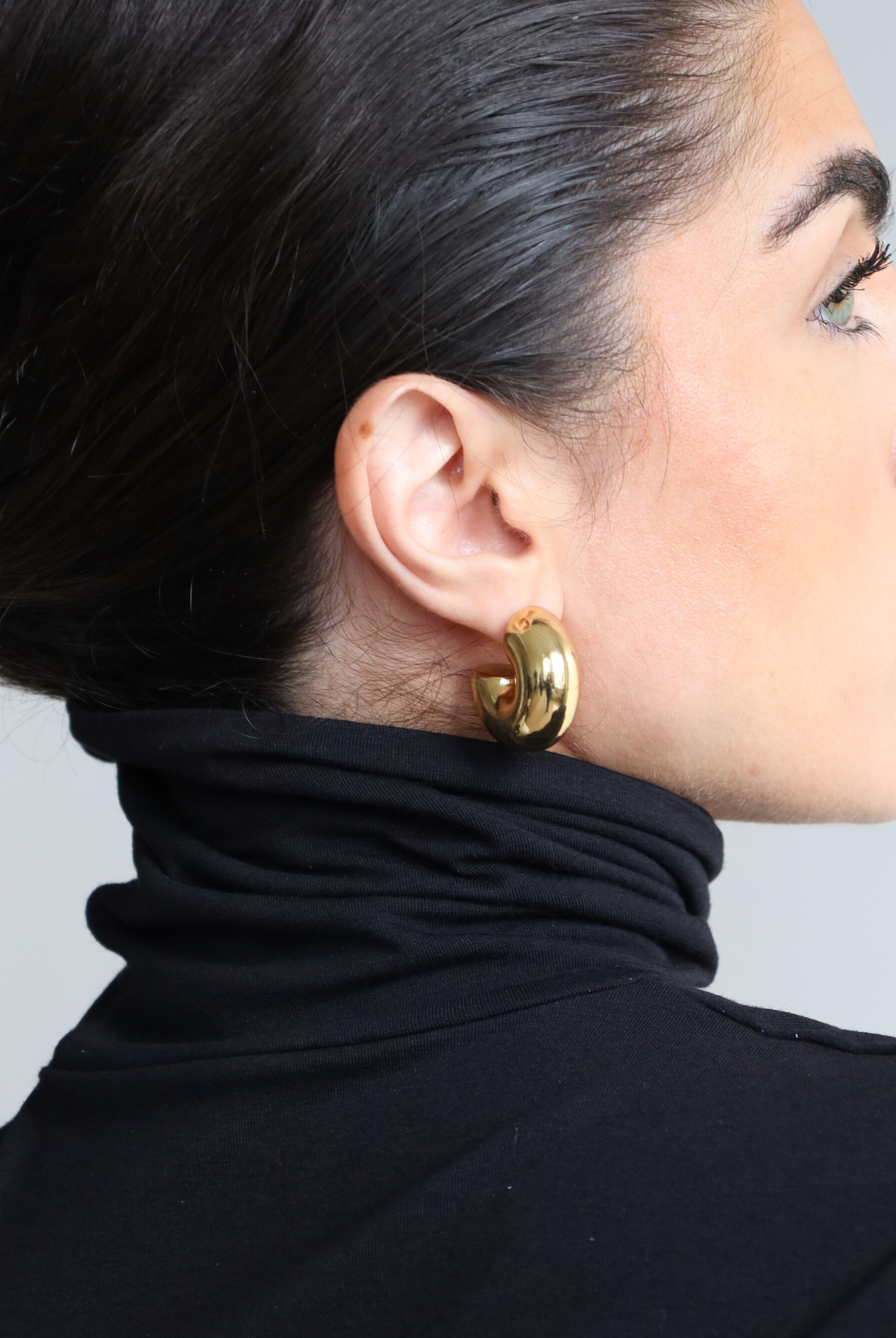 Women's black organic cotton long sleeve roll neck t-shirt - close up