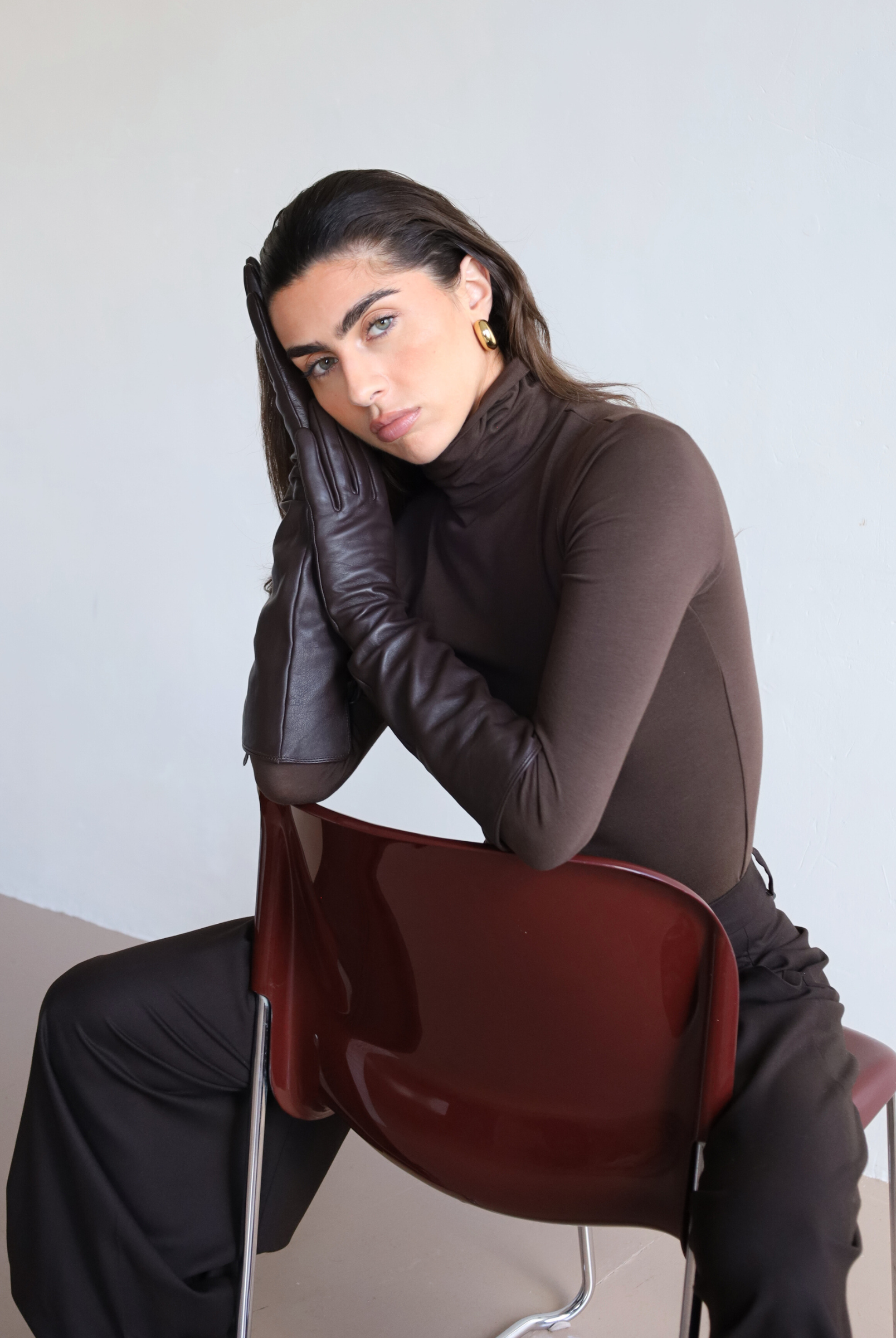 women's brown organic cotton long sleeve roll neck t-shirt - front