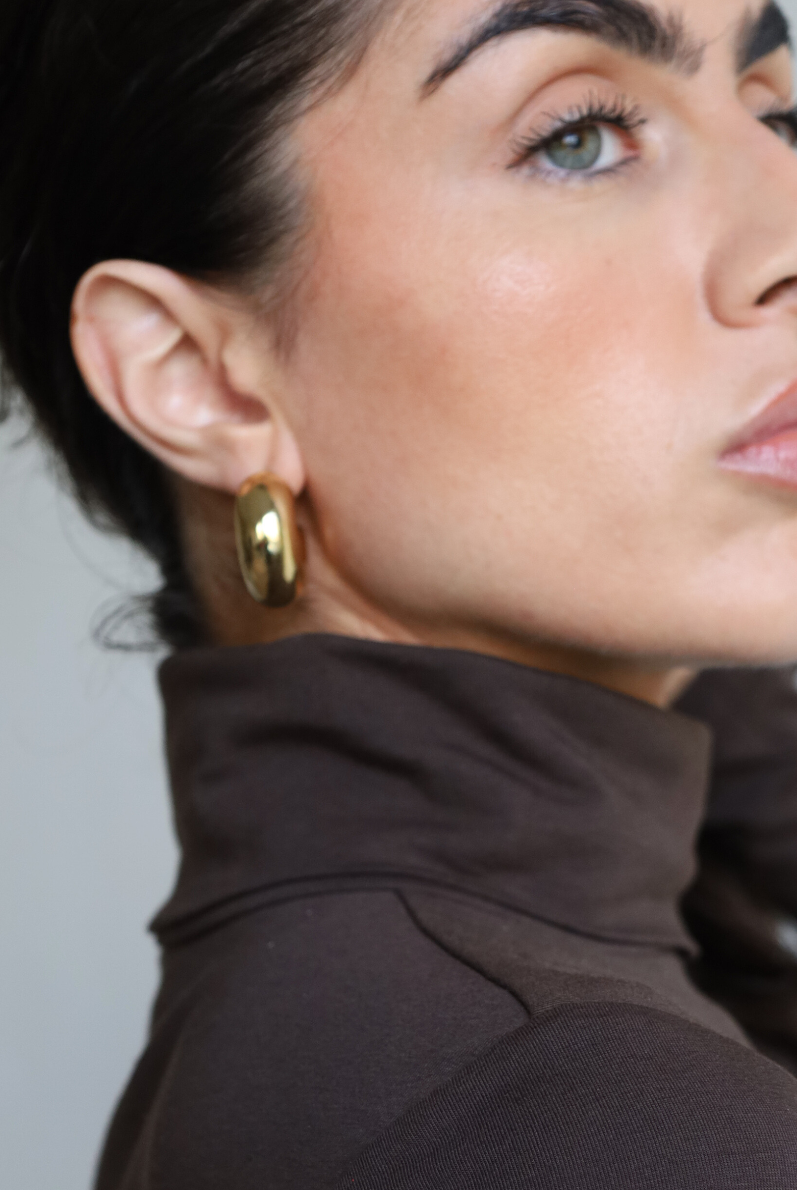 women's brown organic cotton long sleeve roll neck t-shirt - close up